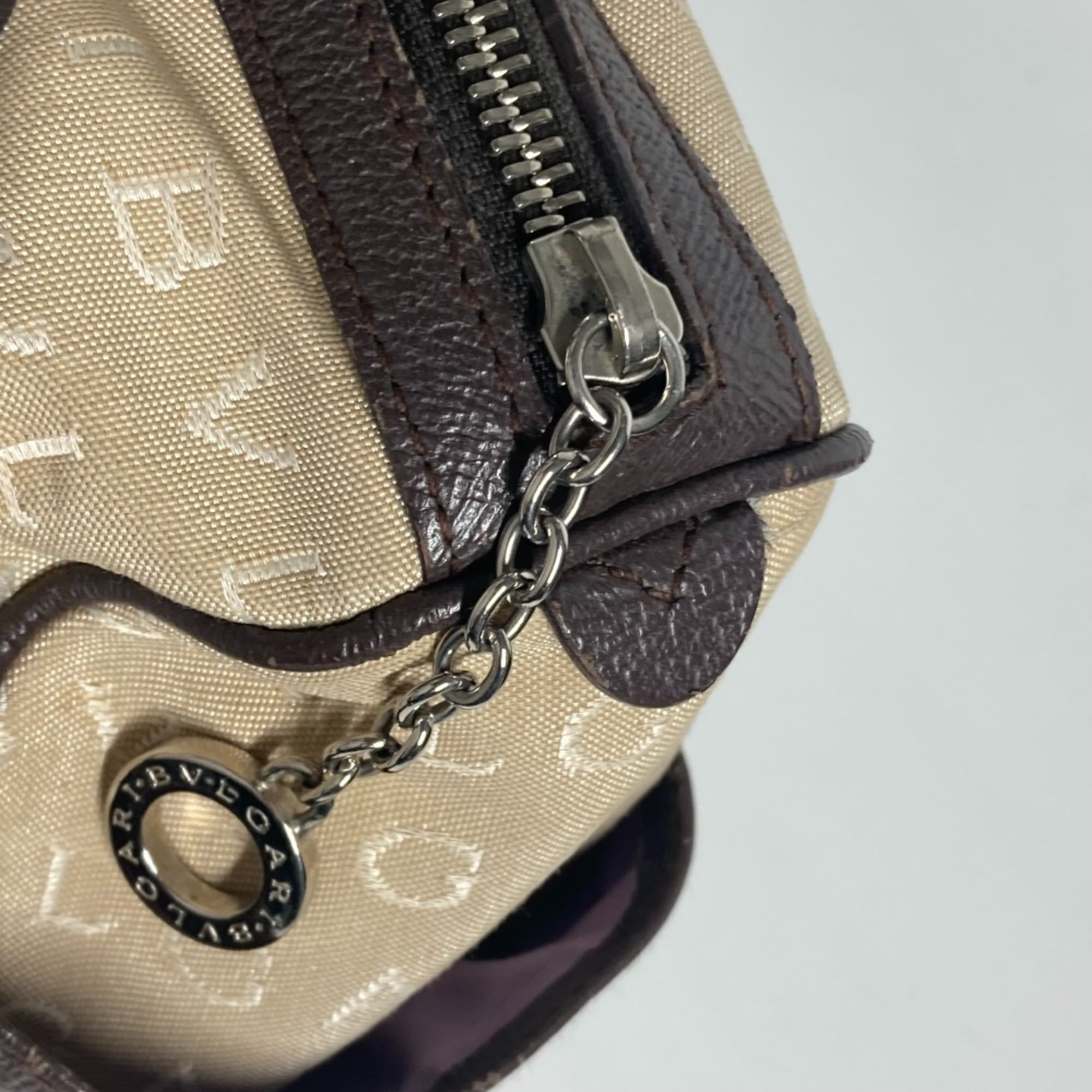 Bvlgari Beige Dark Brown Leather Canvas Boston Bag Shoulder Bag (Pre-Owned)