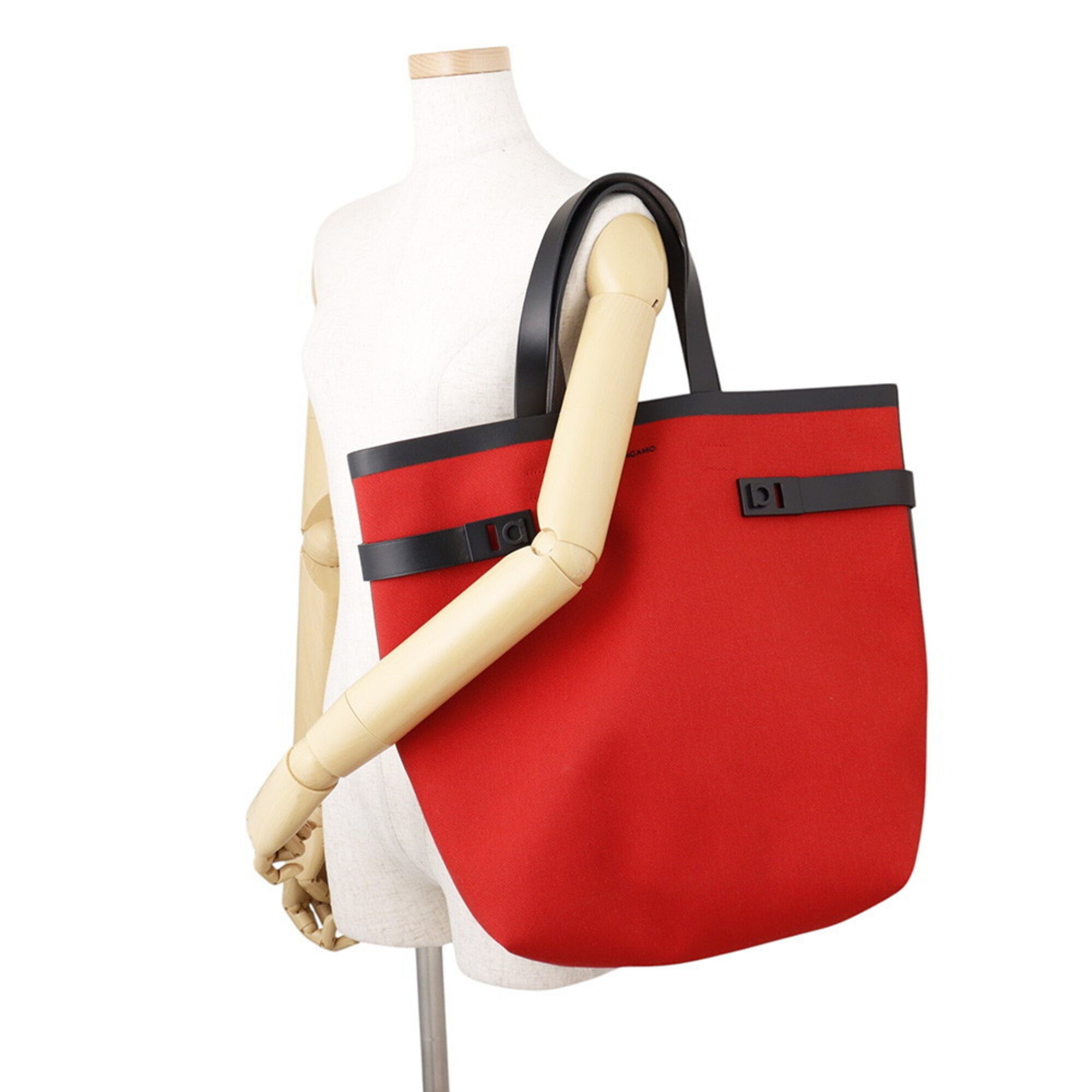 Salvatore Ferragamo Black Red Color Canvas Leather Tote Bag (Pre-Owned)
