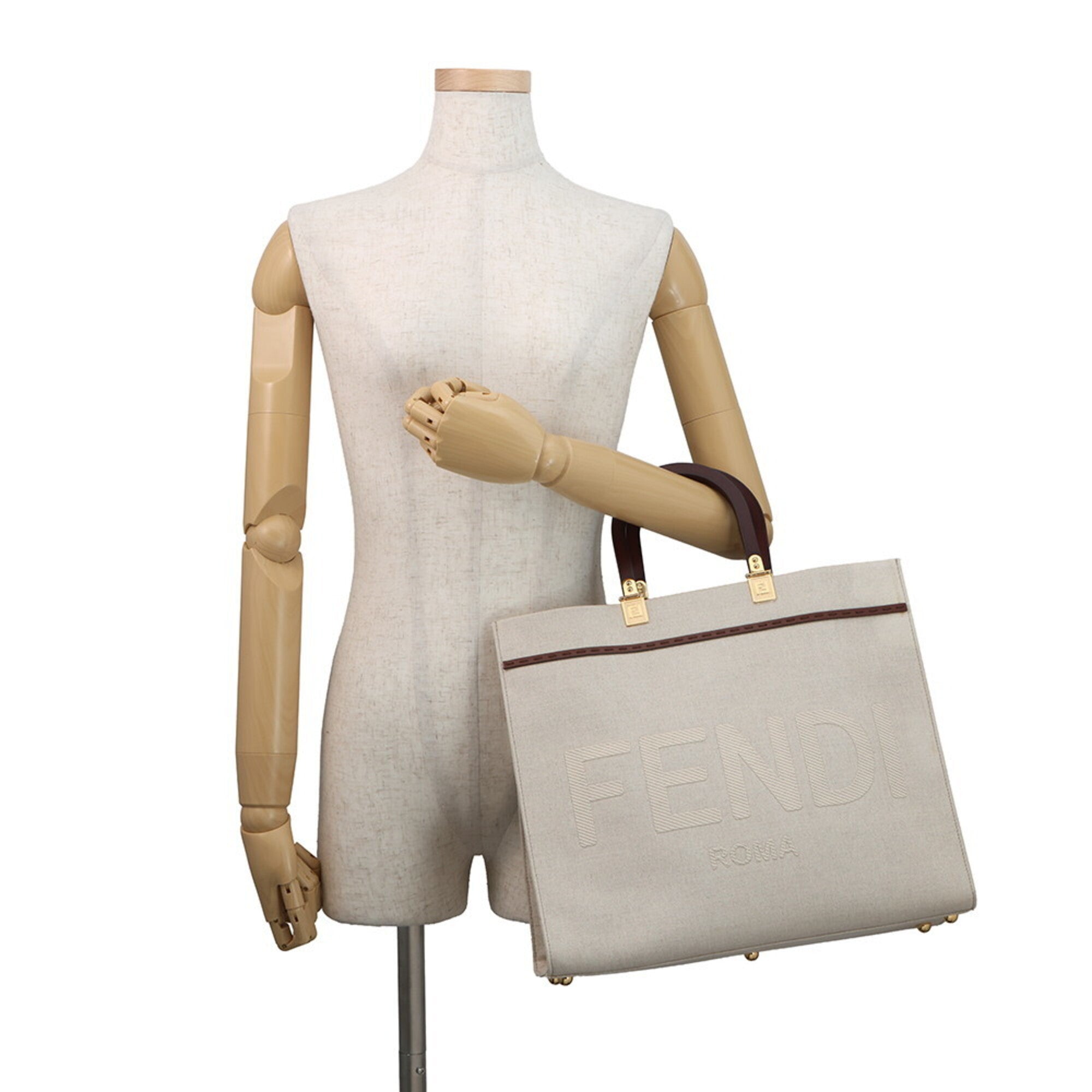 Fendi Brown Ivory Canvas Leather Handbag Shoulder Bag Tote Bag (Pre-Owned)