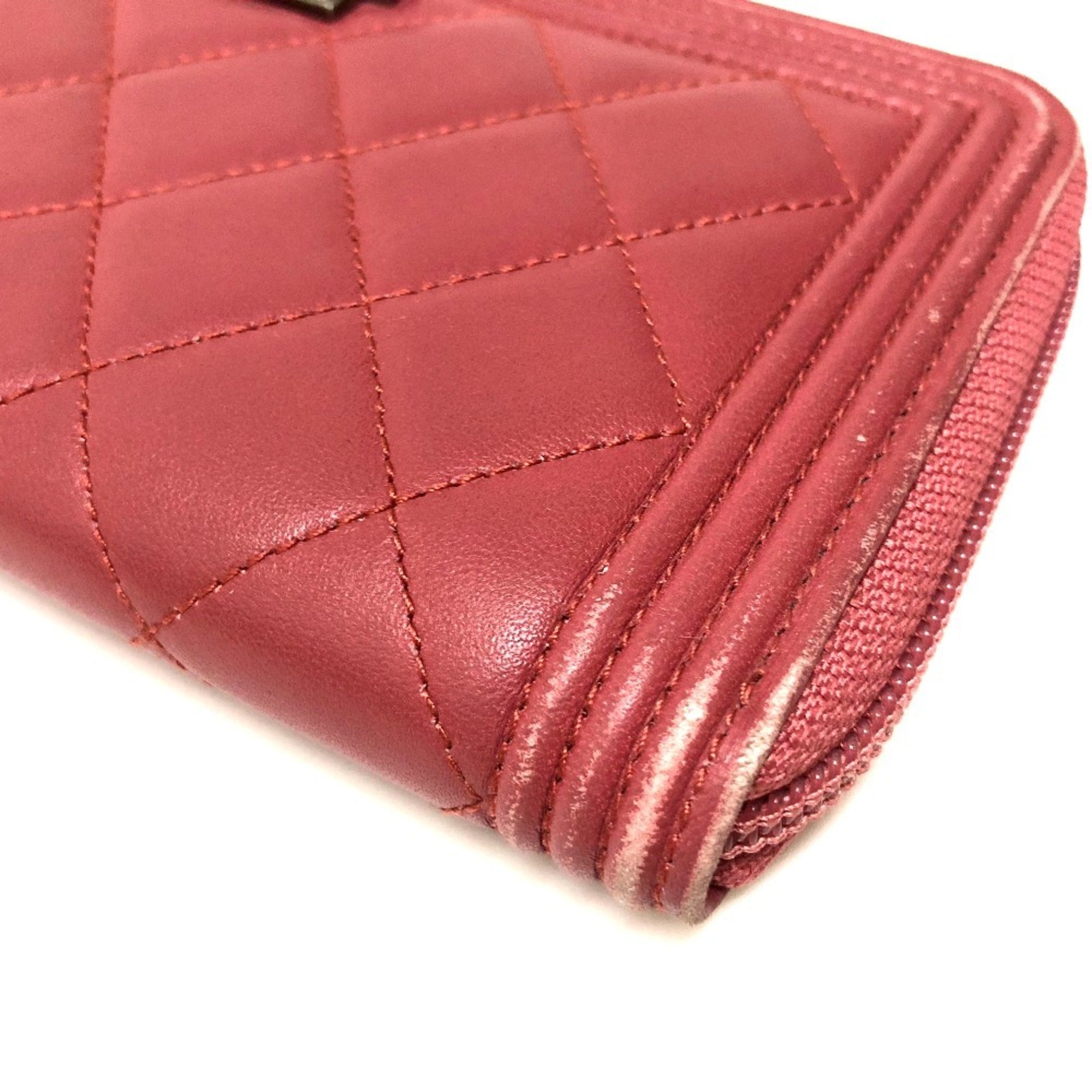 Chanel Boy Chanel Rose Pink Leather Long Wallet (Bi-Fold) (Pre-Owned)