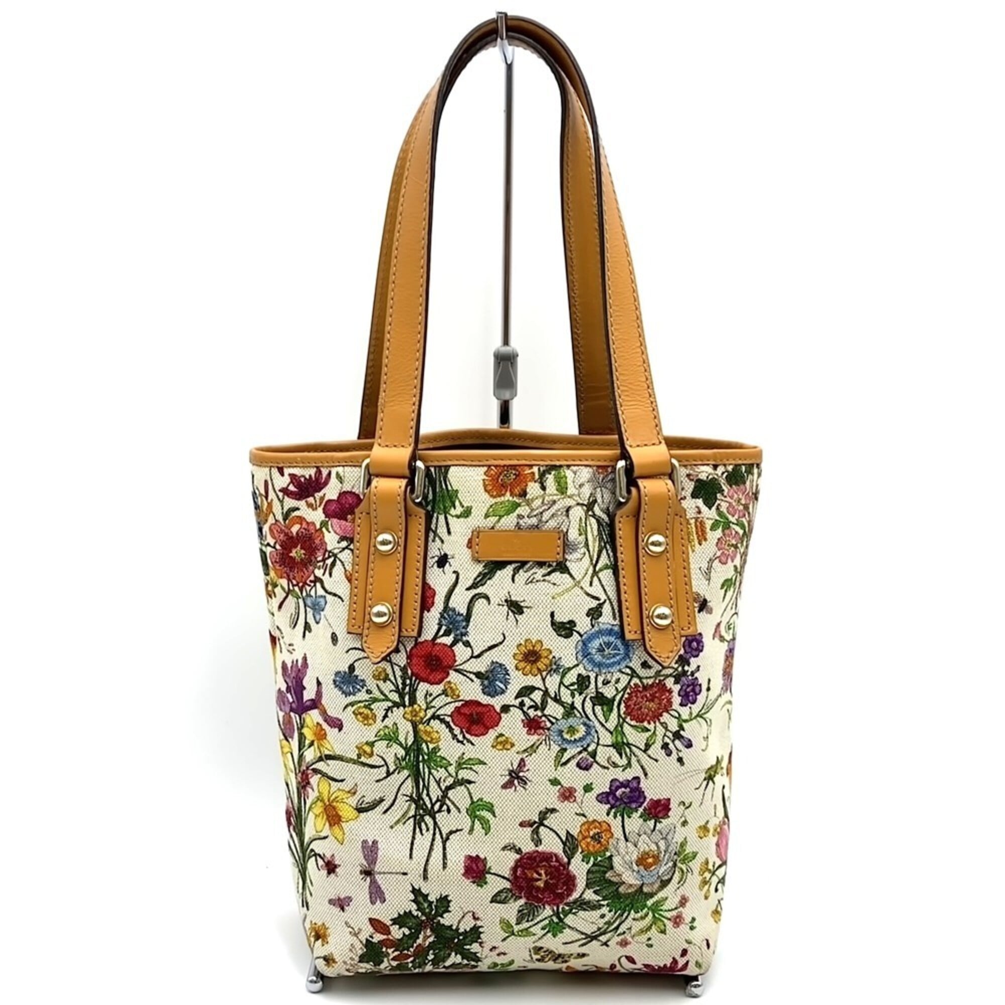 Gucci Flora Brown Orange Canvas Leather Handbag Tote Bag (Pre-Owned)