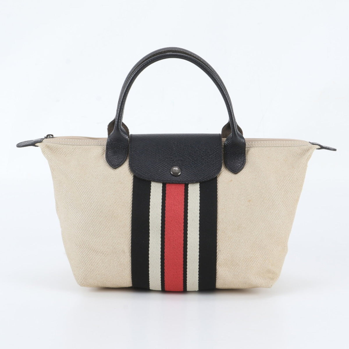 Longchamp Beige Black Leather Canvas Handbag Shoulder Bag Tote Bag (Pre-Owned)