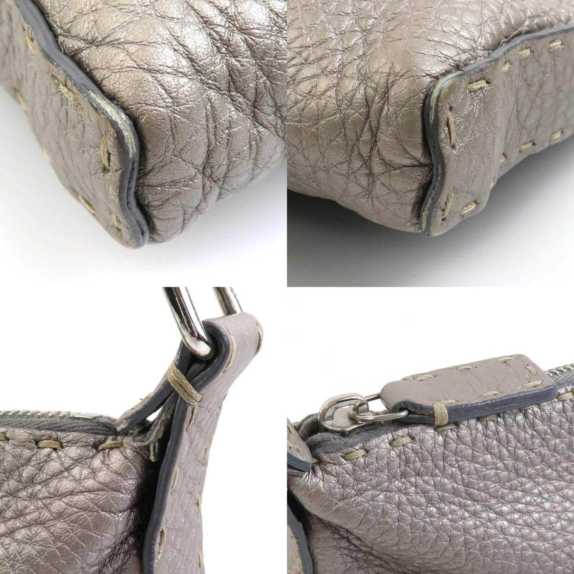 Fendi Metallic Gray Leather Canvas Shoulder Bag (Pre-Owned)