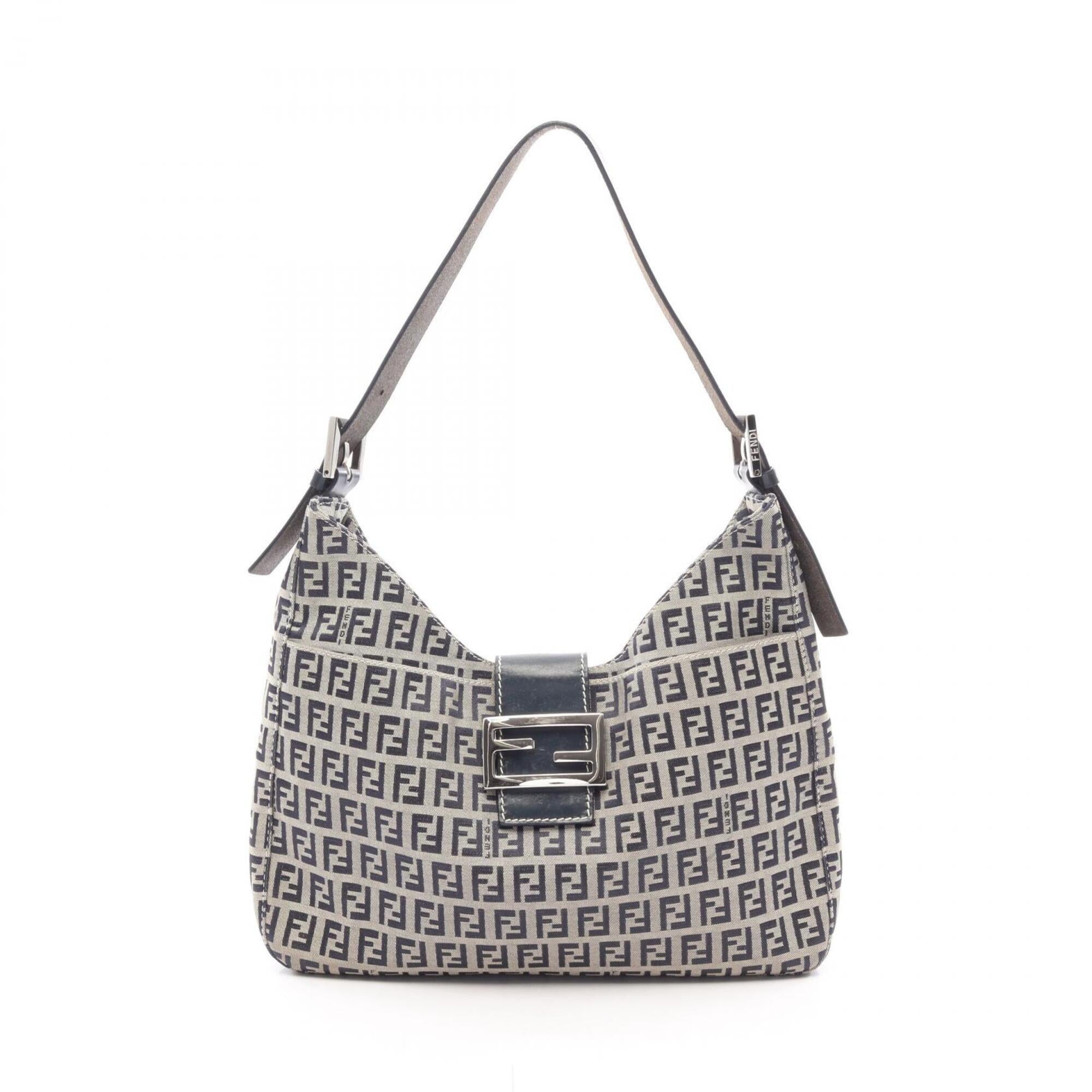 Fendi Gray Navy Canvas Leather Handbag Shoulder Bag (Pre-Owned)
