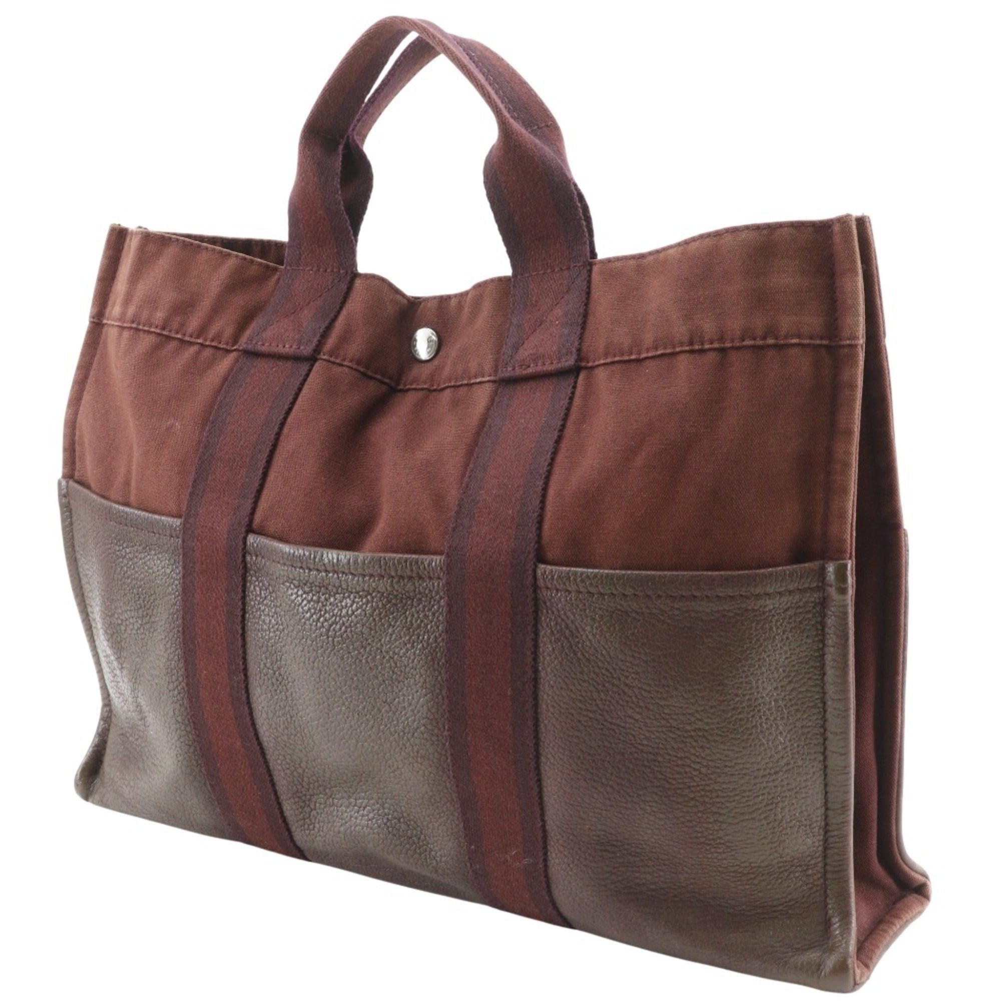 Hermes Brown Cotton Canvas Leather Handbag (Pre-Owned)