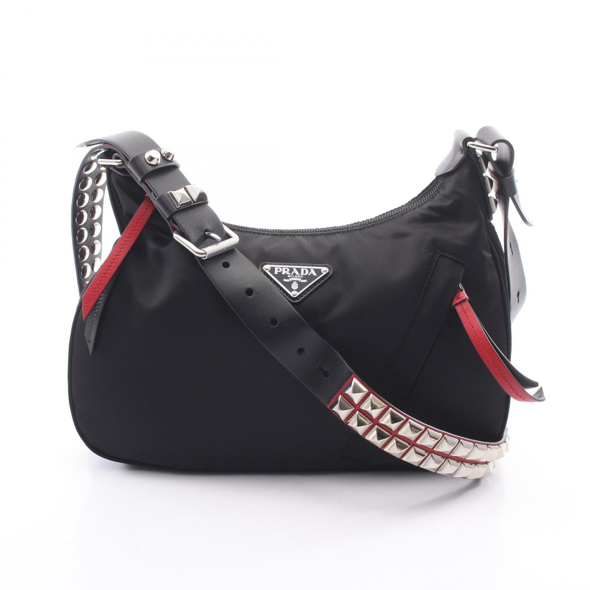 Prada Black Red Color Nylon Leather Handbag Shoulder Bag (Pre-Owned)