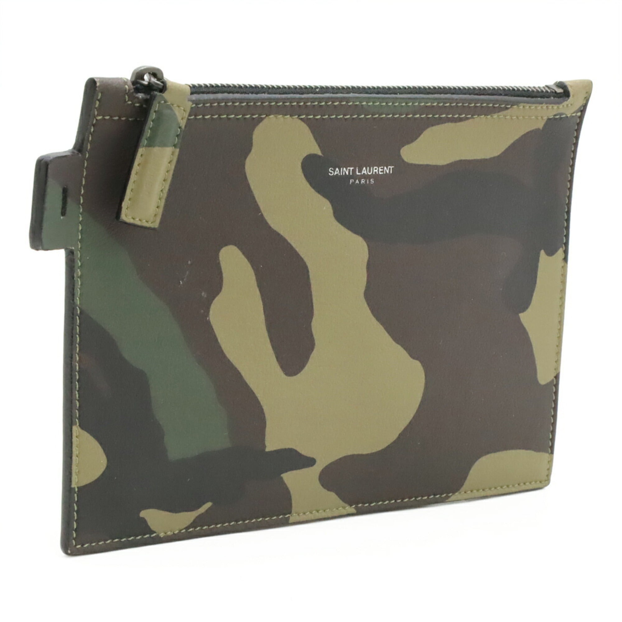 Yves Saint Laurent Camouflage Khaki Leather Pouch Tote Bag (Pre-Owned)