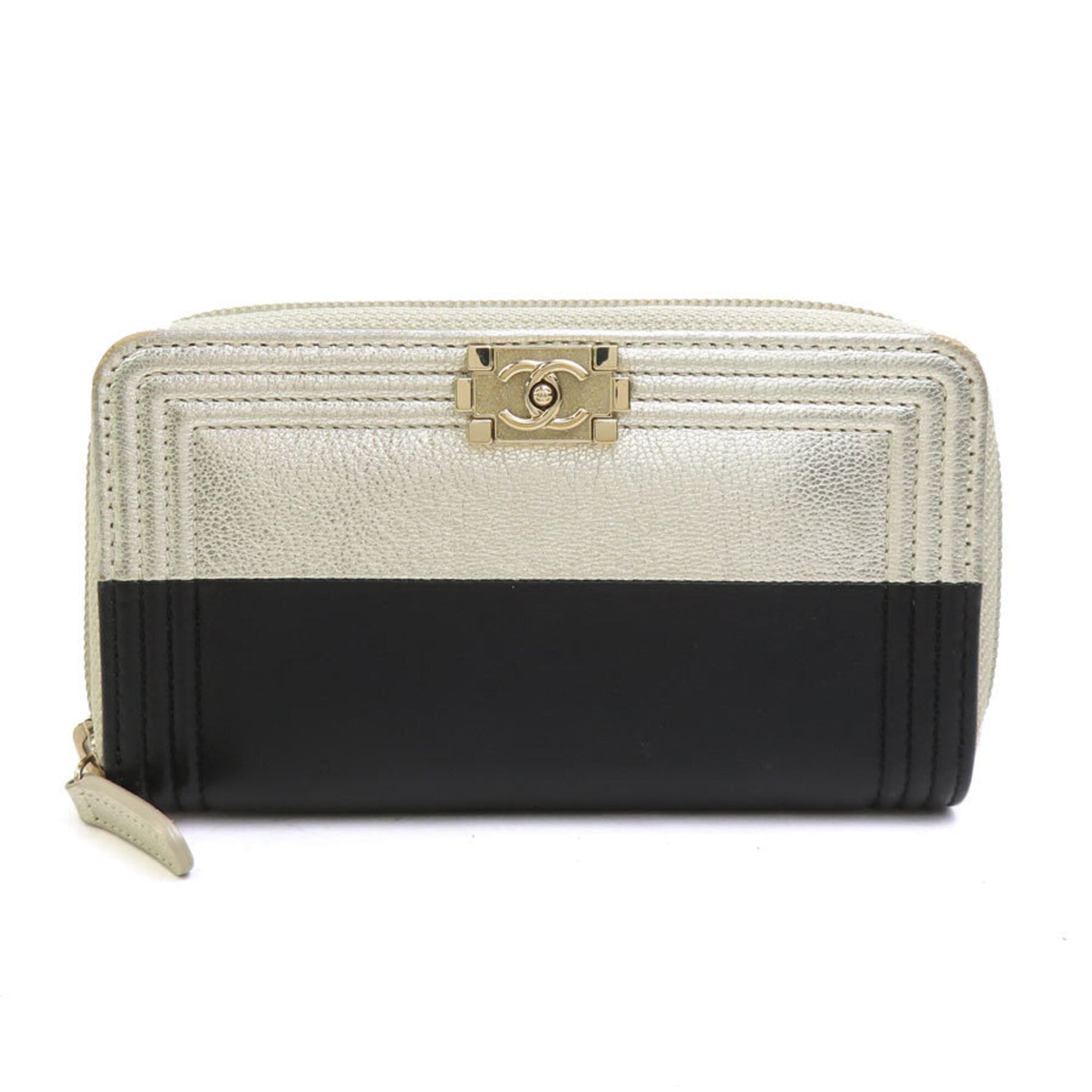 Chanel Gold Black Leather Long Wallet (Bi-Fold) (Pre-Owned)