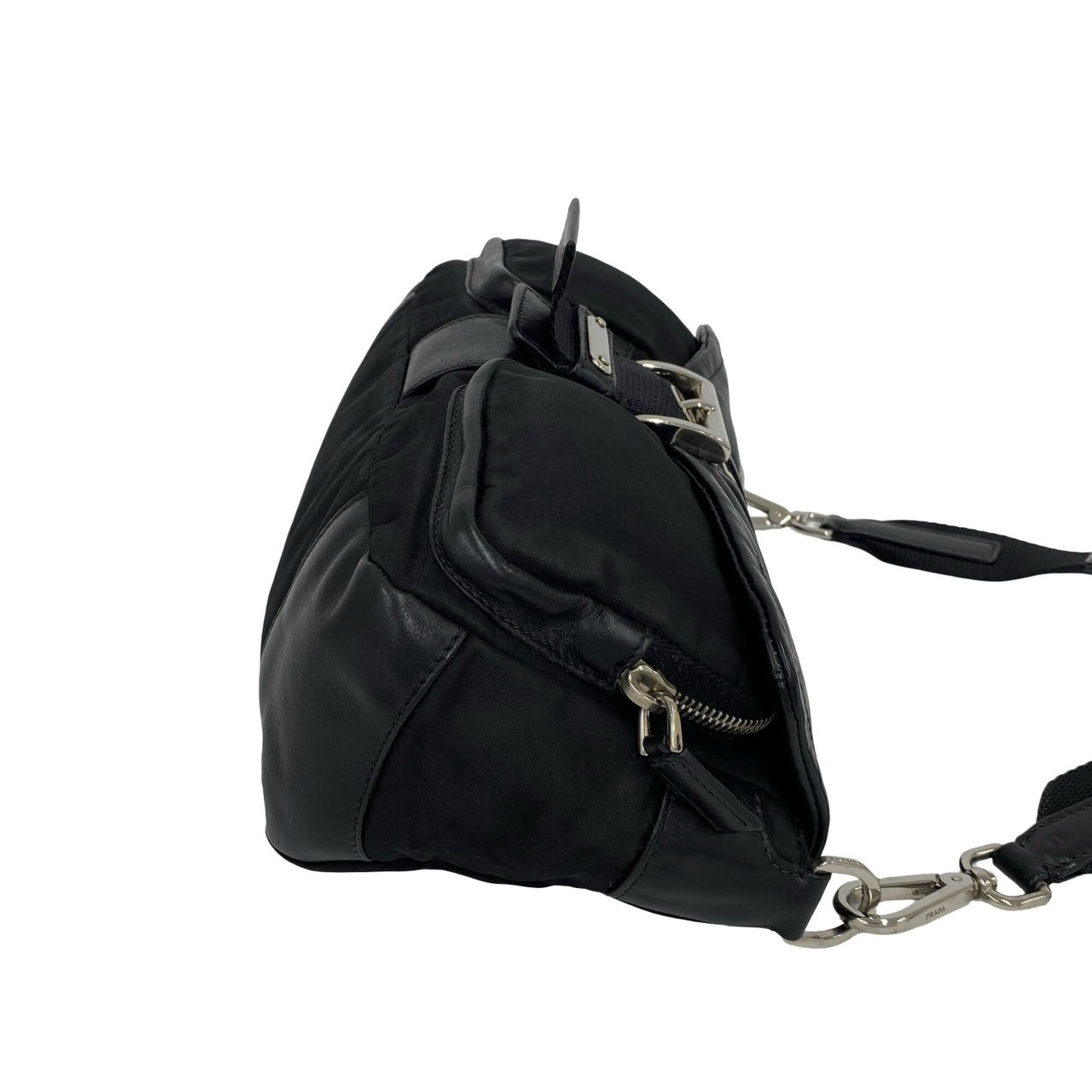 Prada Black Leather Nylon Handbag Shoulder Bag (Pre-Owned)
