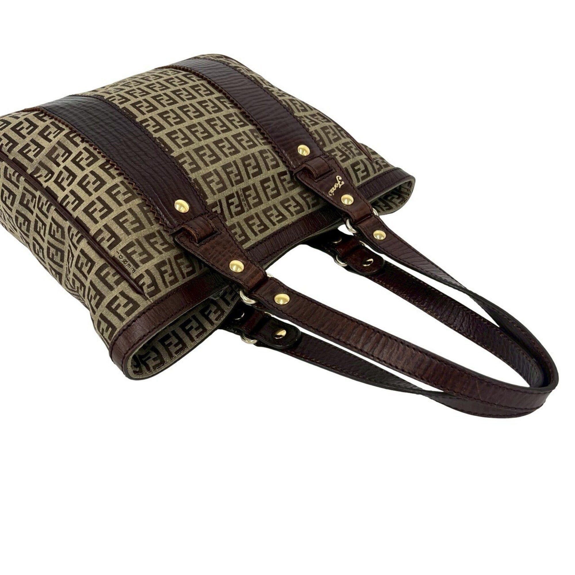 Fendi Brown Khaki Canvas Leather Handbag Shoulder Bag Tote Bag (Pre-Owned)