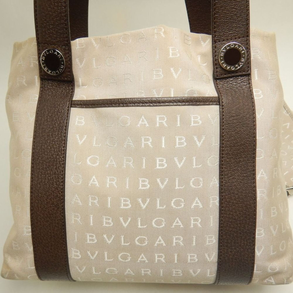 Bvlgari Logomania Beige Brown Canvas Leather Tote Bag (Pre-Owned)