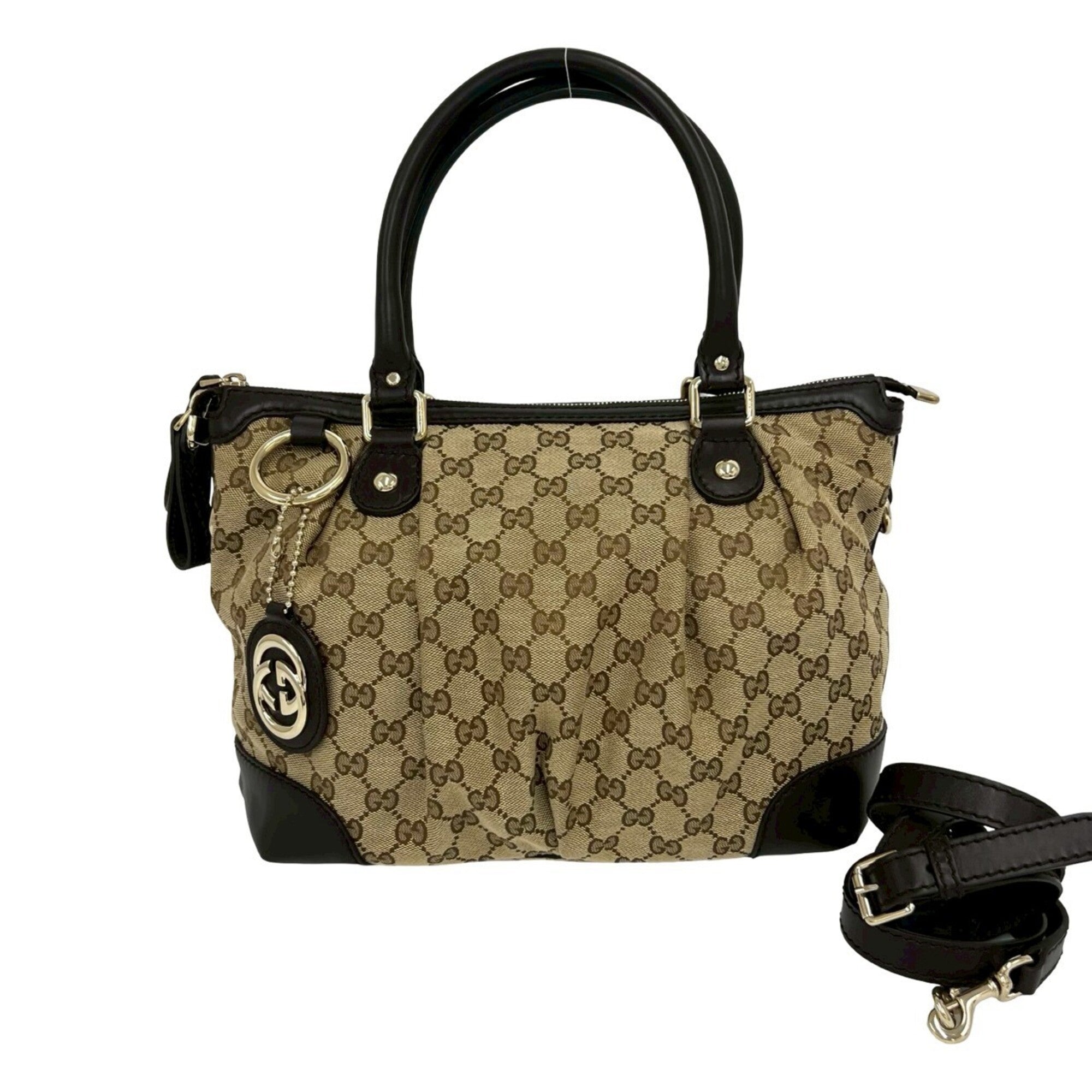 Gucci Beige Brown Canvas Leather Handbag Shoulder Bag Tote Bag (Pre-Owned)