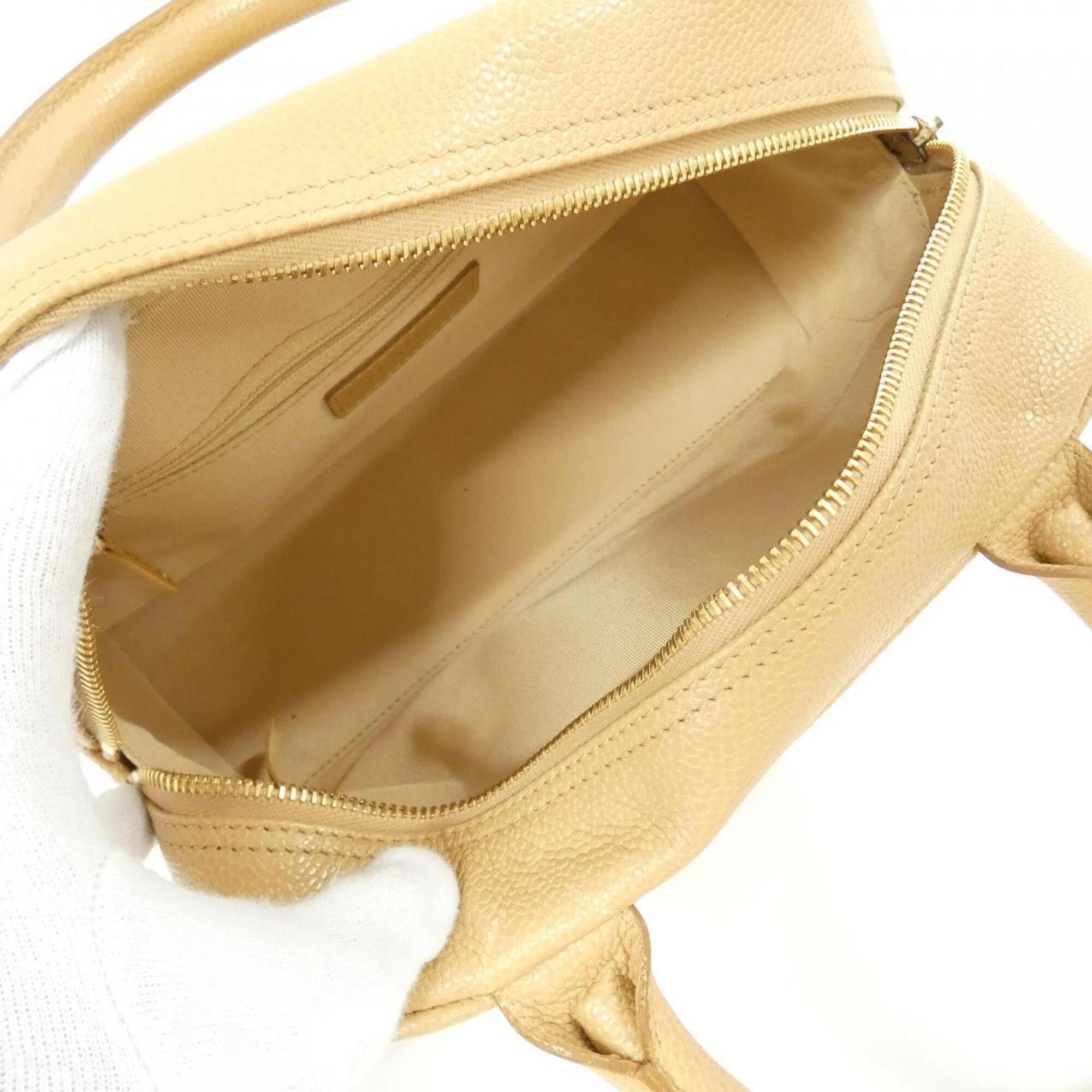 Chanel Beige Grained Calfskin Boston Bag Handbag (Pre-Owned)