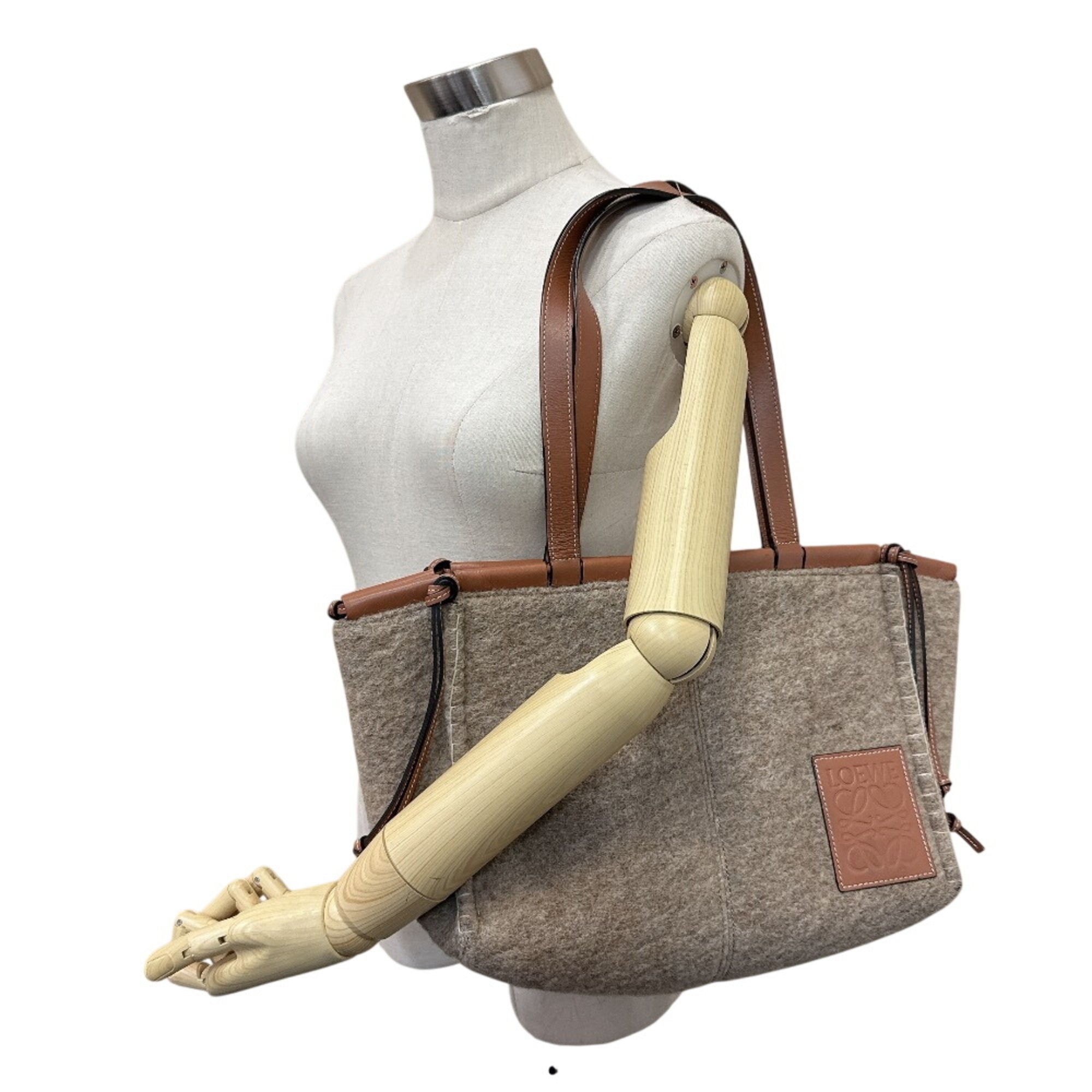 Loewe Beige Beige Brown Wool Leather Shoulder Bag Tote Bag (Pre-Owned)