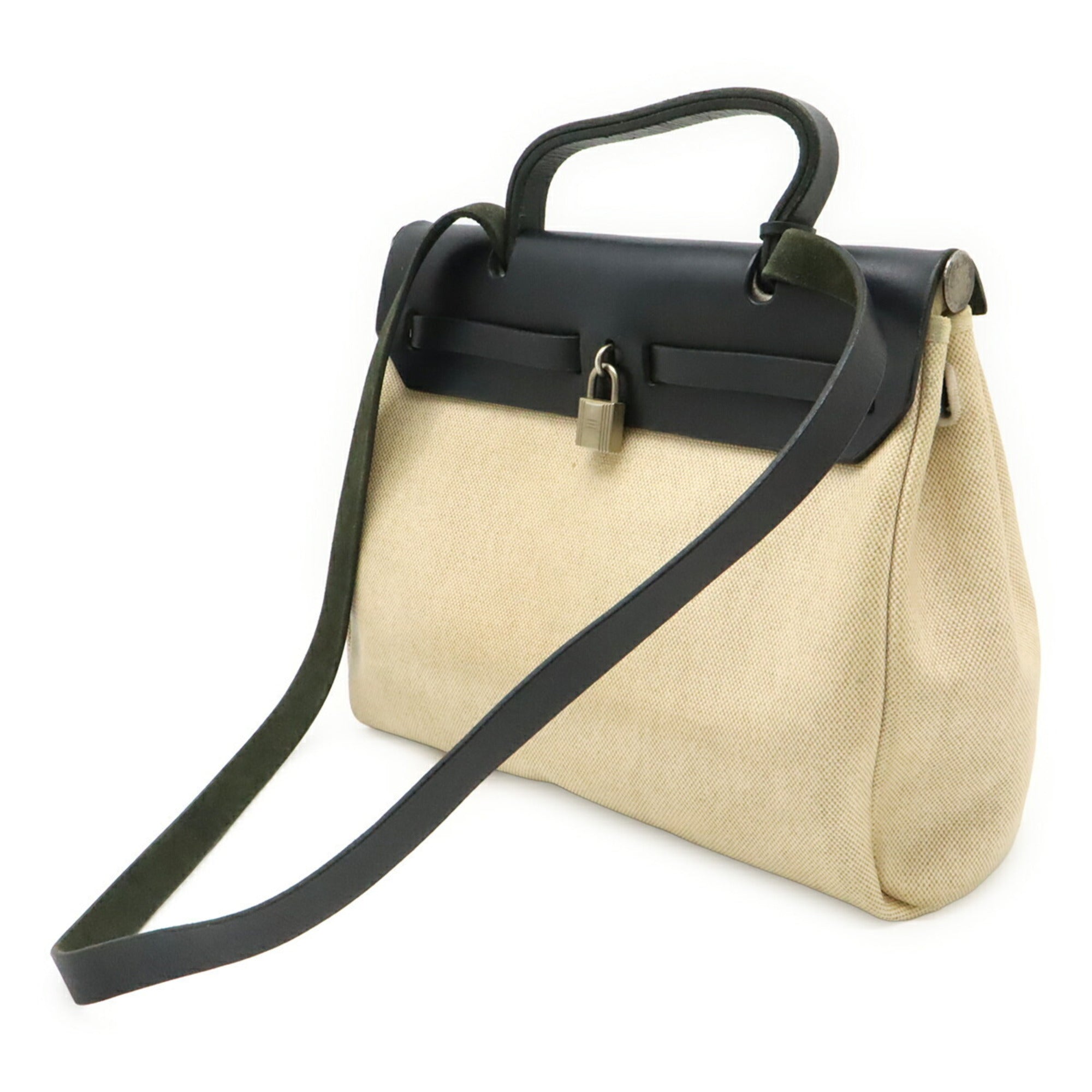 Hermes Her Bag Black Natural Toile H Toile Officier Leather Handbag Shoulder Bag (Pre-Owned)