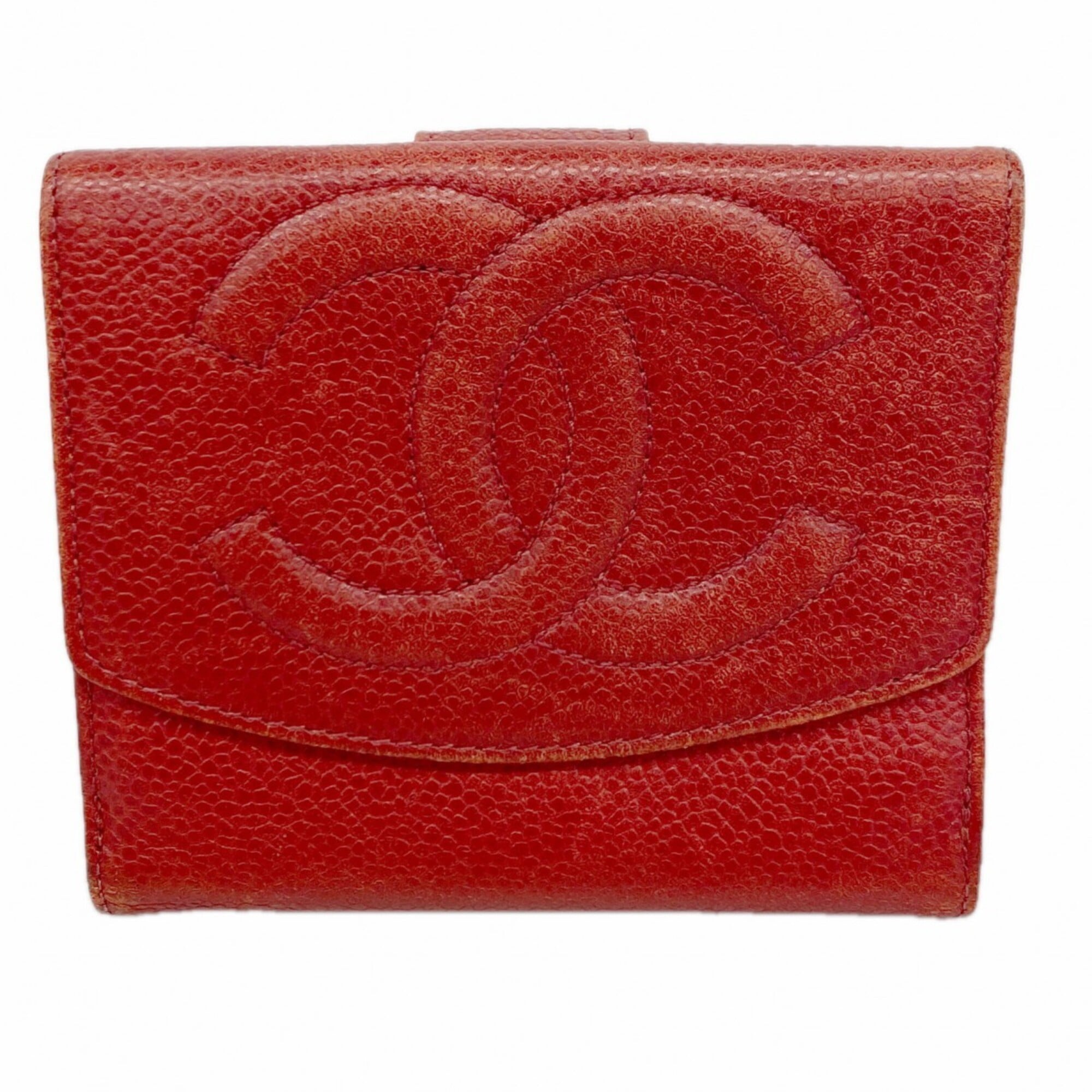 Chanel Red Color Grained Calfskin Wallet (Bi-Fold) (Pre-Owned)