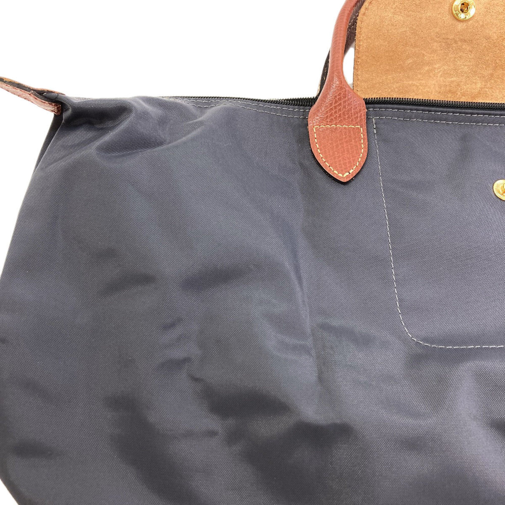 Longchamp Le Pliage Brown Gray Nylon Leather Handbag (Pre-Owned)