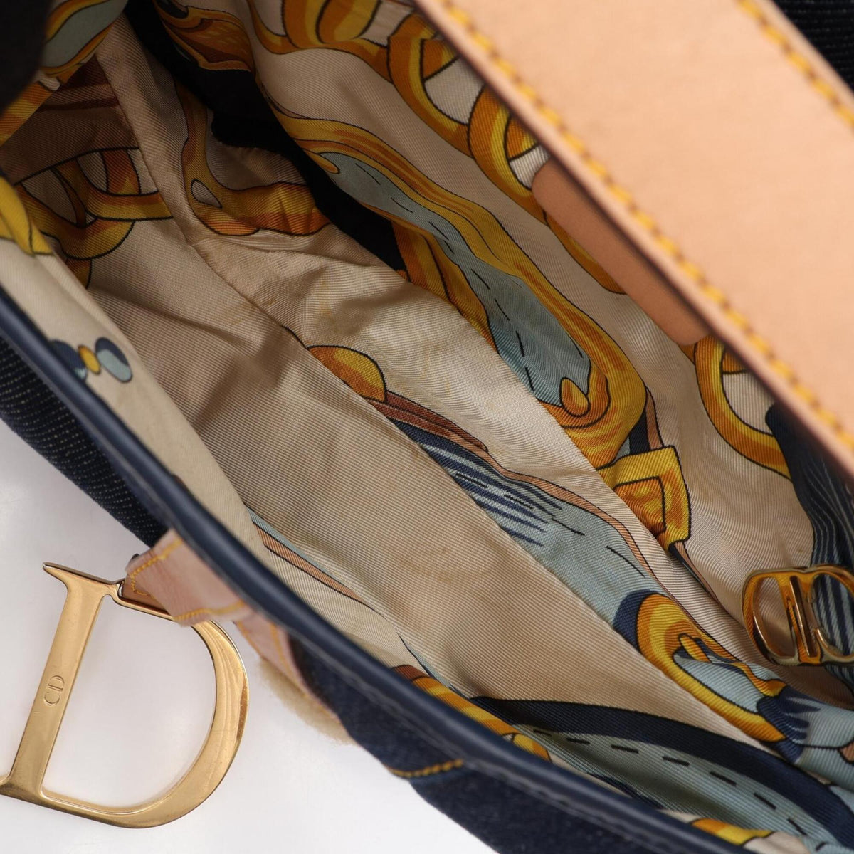 Christian Dior Brown Navy Denim Leather Handbag Saddle Bag (Pre-Owned)