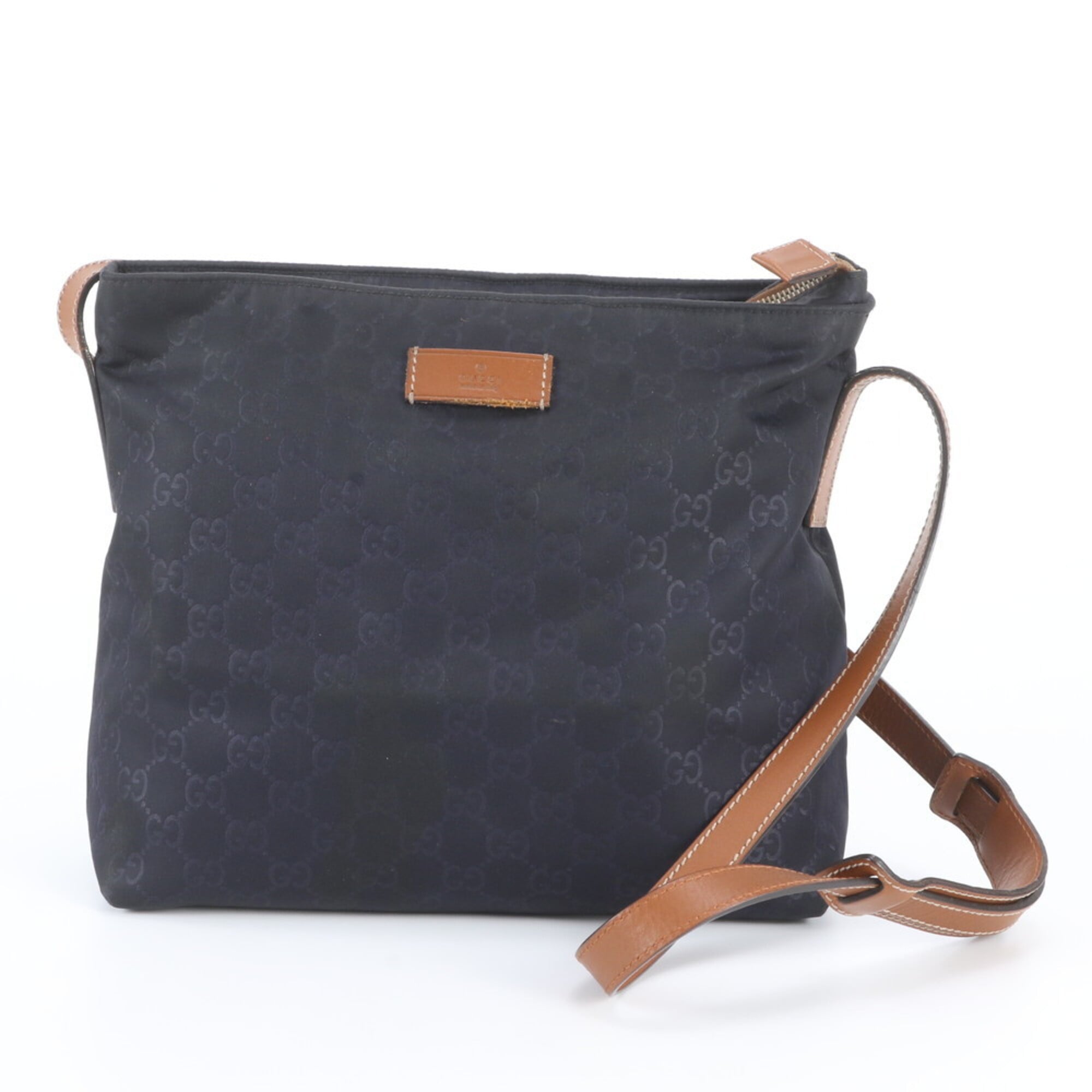 Gucci Brown Navy Leather Nylon Messenger Bag Shoulder Bag (Pre-Owned)