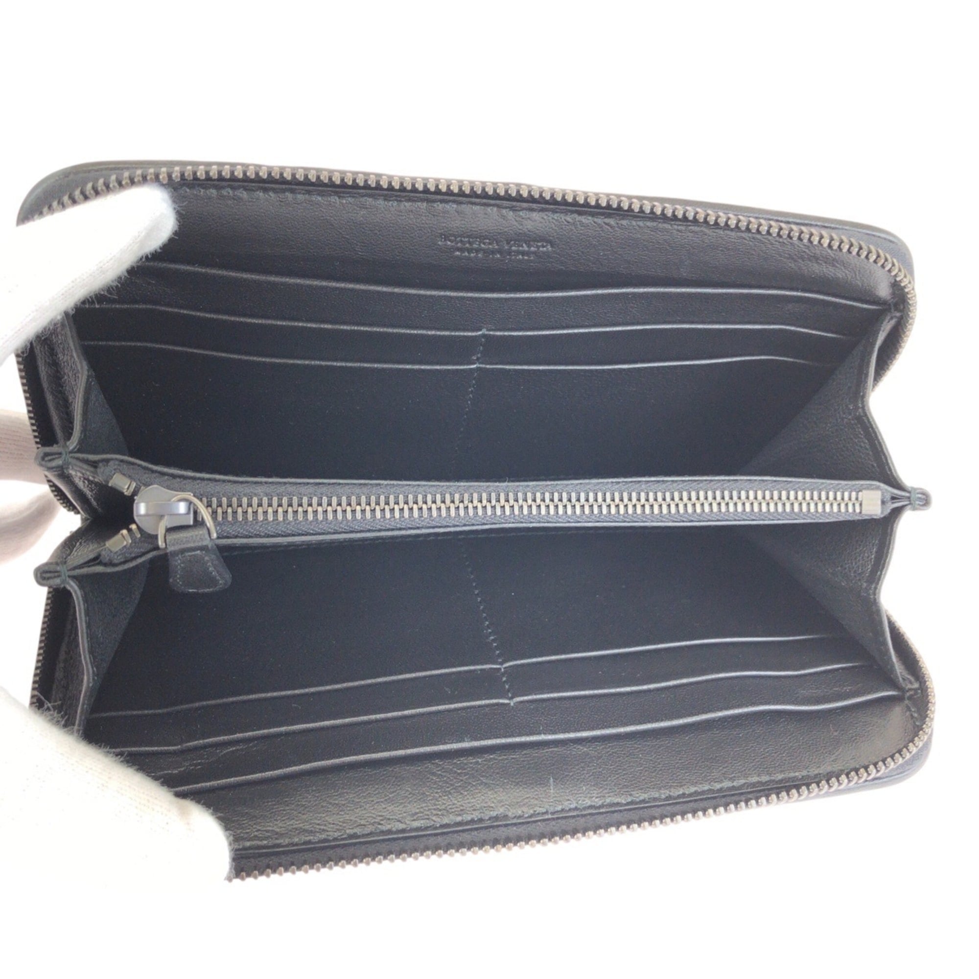 Bottega Veneta Black Gray Leather Long Wallet (Bi-Fold) (Pre-Owned)
