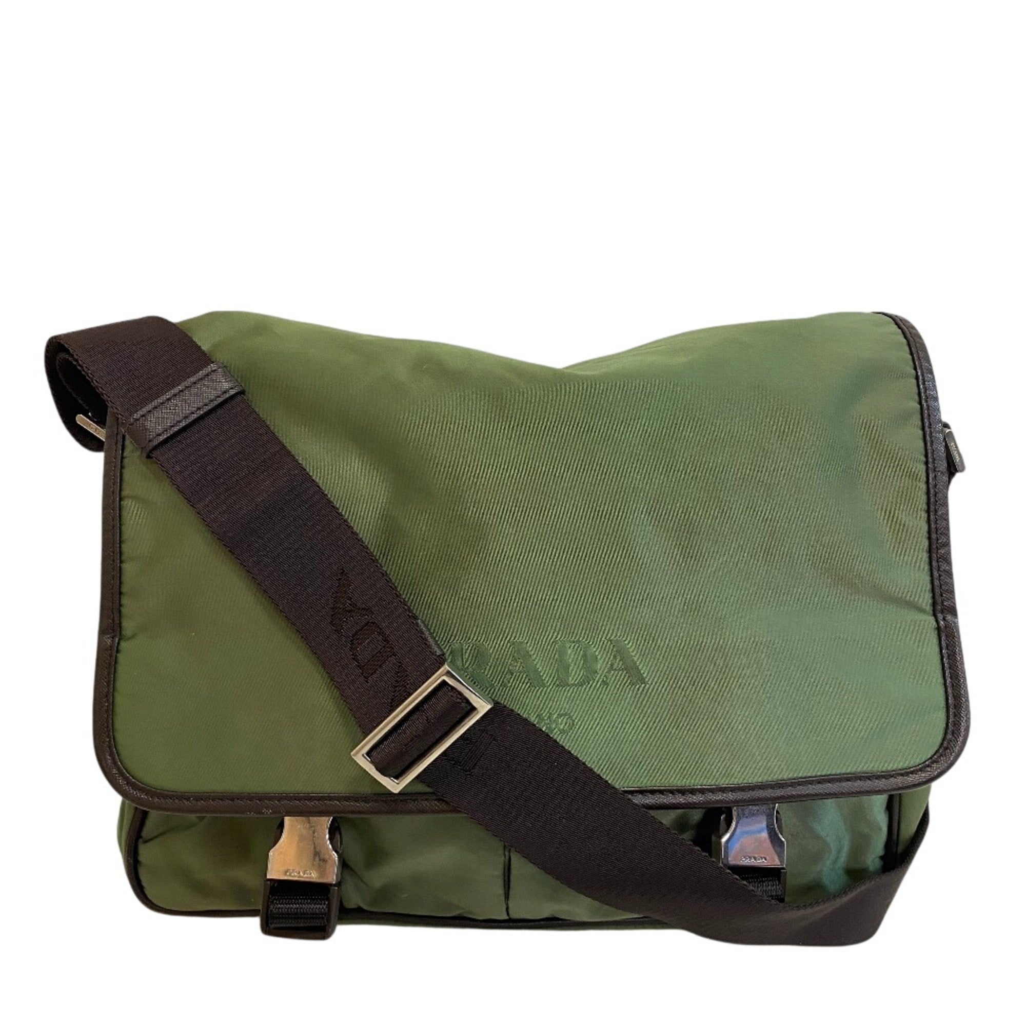 Prada Brown Green Nylon Leather Messenger Bag Shoulder Bag (Pre-Owned)