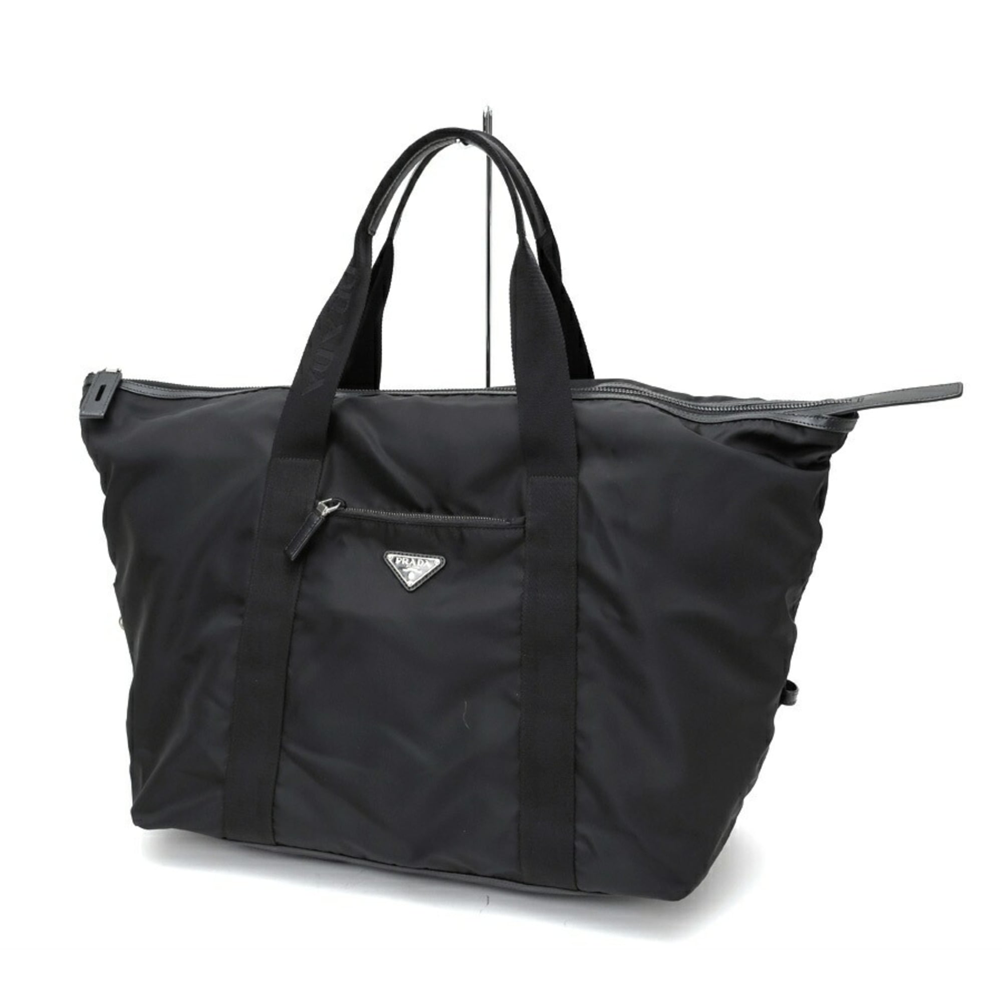 Prada Black Nylon Leather Fabric Saffiano Boston Bag (Pre-Owned)