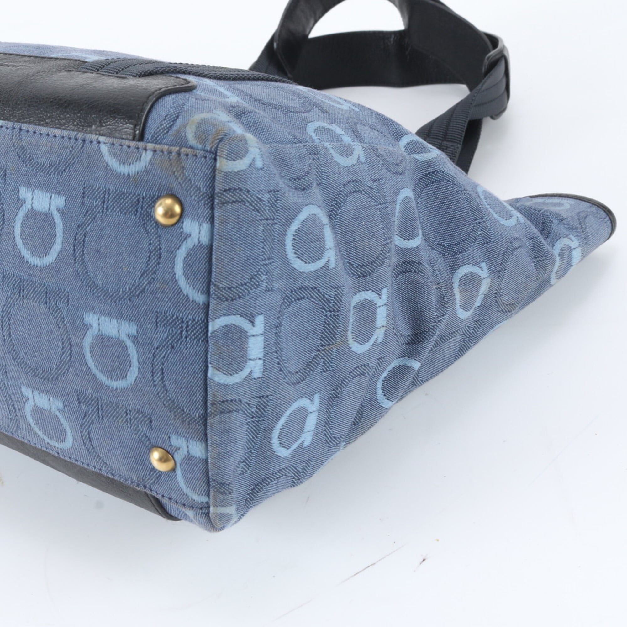 Salvatore Ferragamo Gancini Blue Navy Canvas Leather Handbag Tote Bag (Pre-Owned)