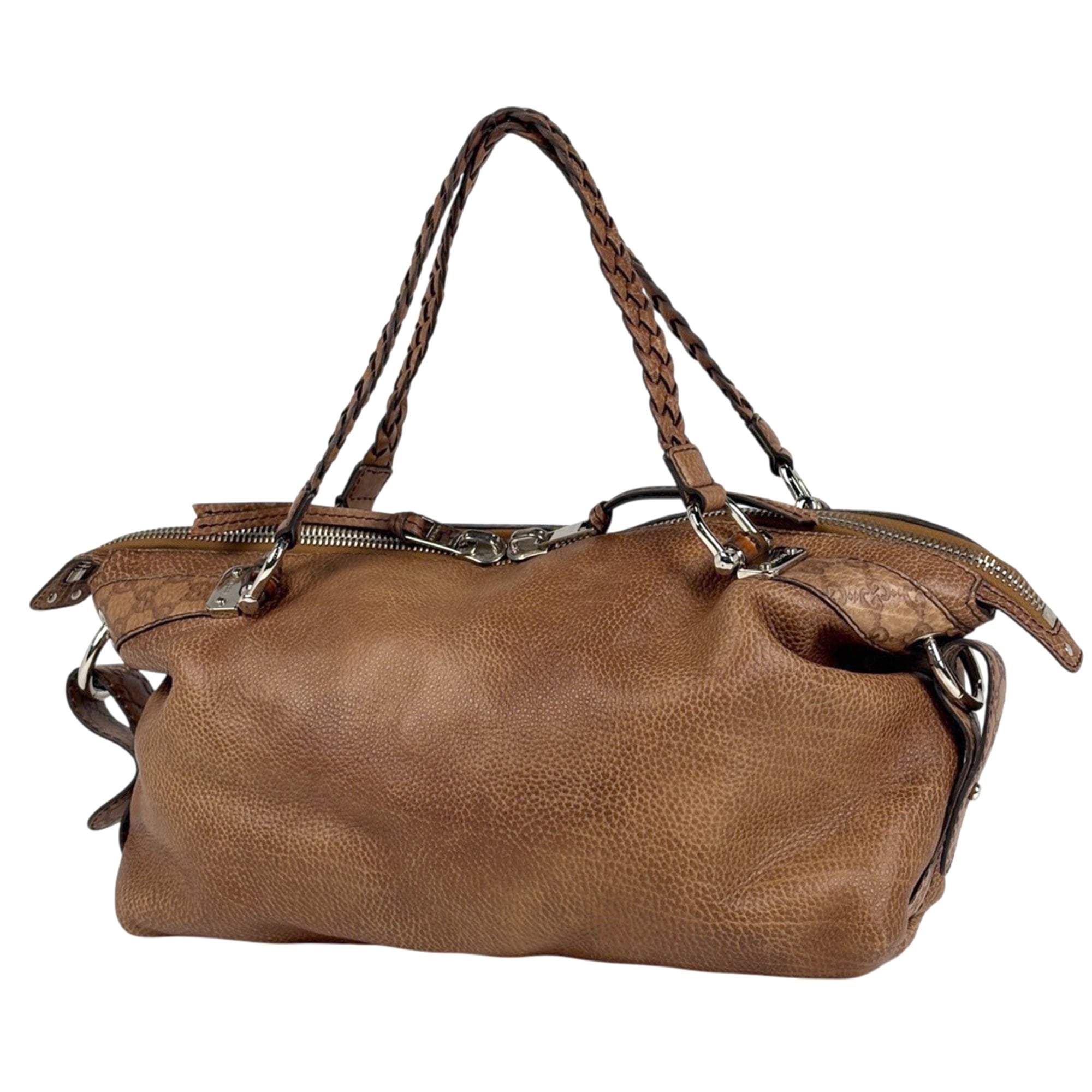 Gucci Guccissima Brown Leather Gg Leather Bamboo Handbag (Pre-Owned)