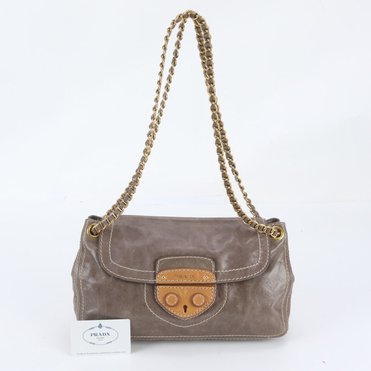 Prada Gray Leather Shoulder Bag (Pre-Owned)
