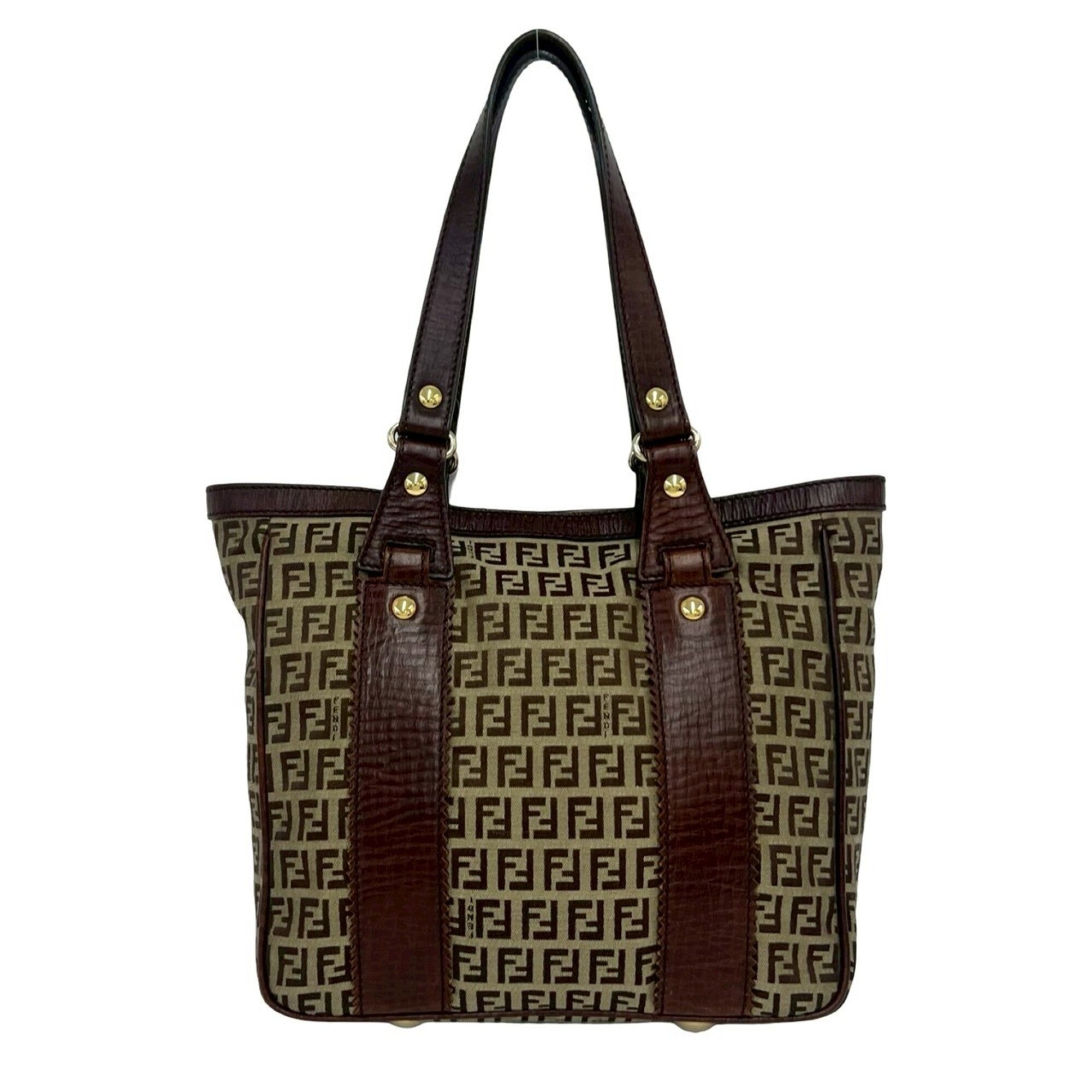 Fendi Brown Khaki Canvas Leather Handbag Shoulder Bag Tote Bag (Pre-Owned)