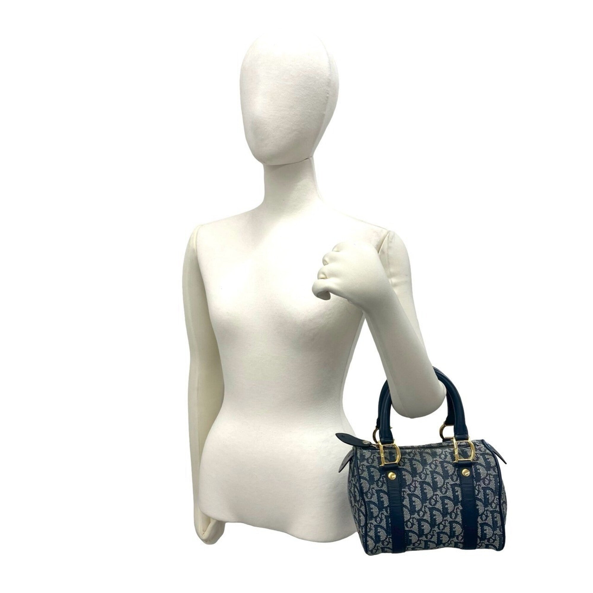 Christian Dior Navy Canvas Leather Boston Bag Handbag (Pre-Owned)