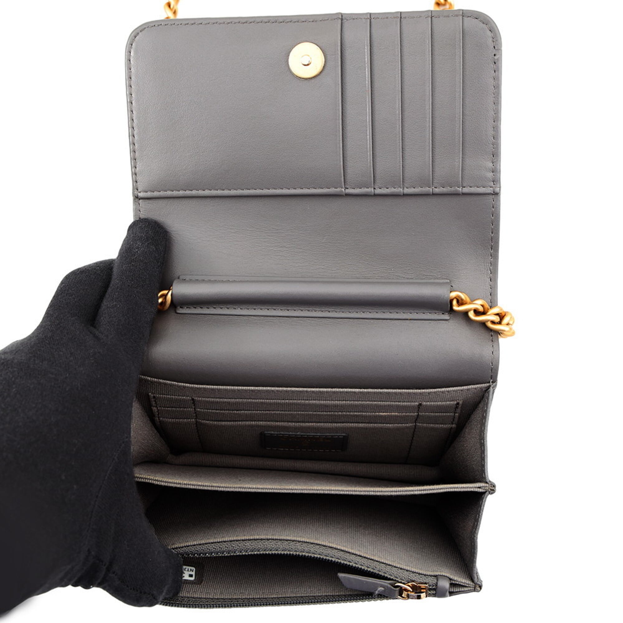 Chanel Gray Grained Calfskin Chain/Shoulder Wallet (Pre-Owned)