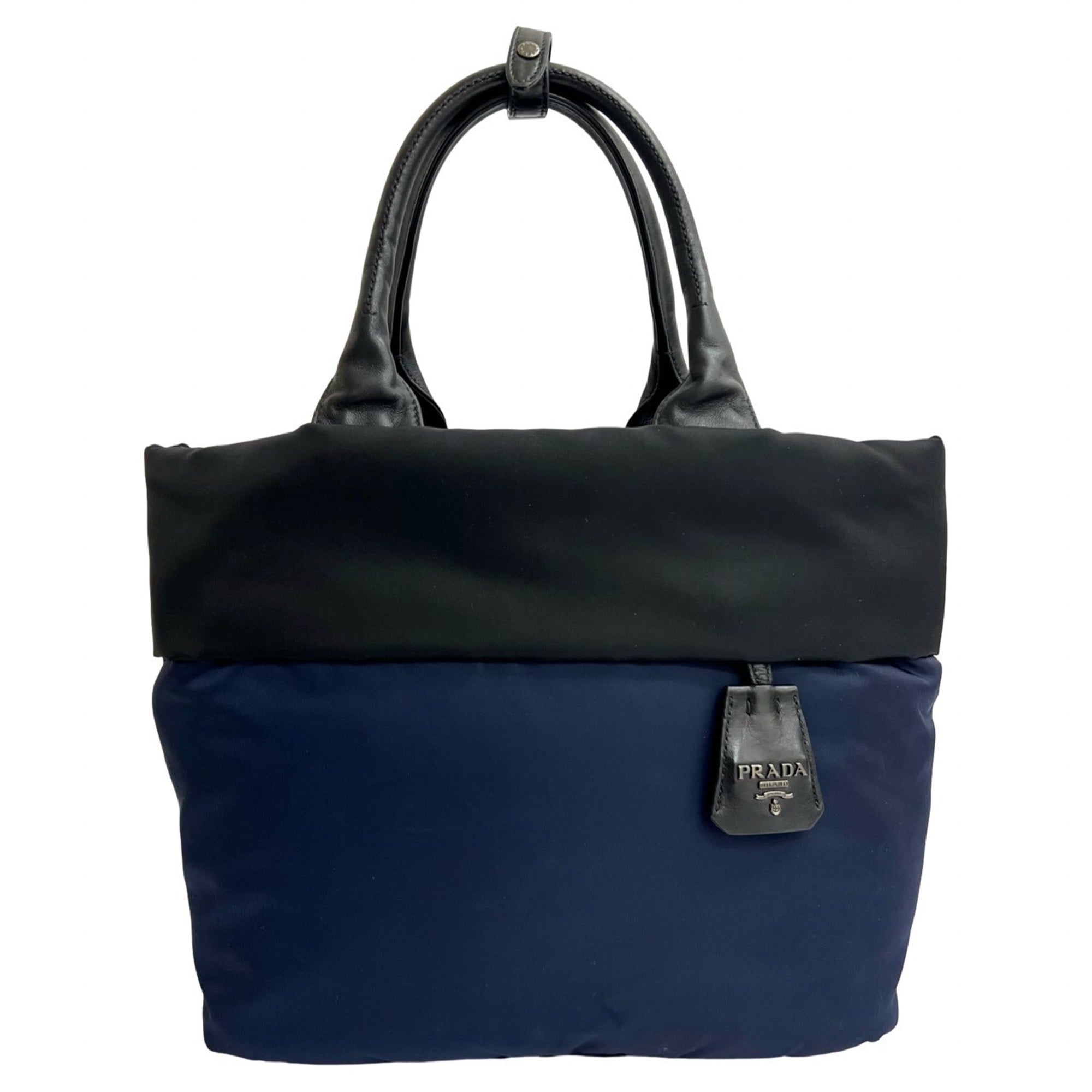 Prada Black Navy Nylon Leather Handbag Shoulder Bag Tote Bag (Pre-Owned)