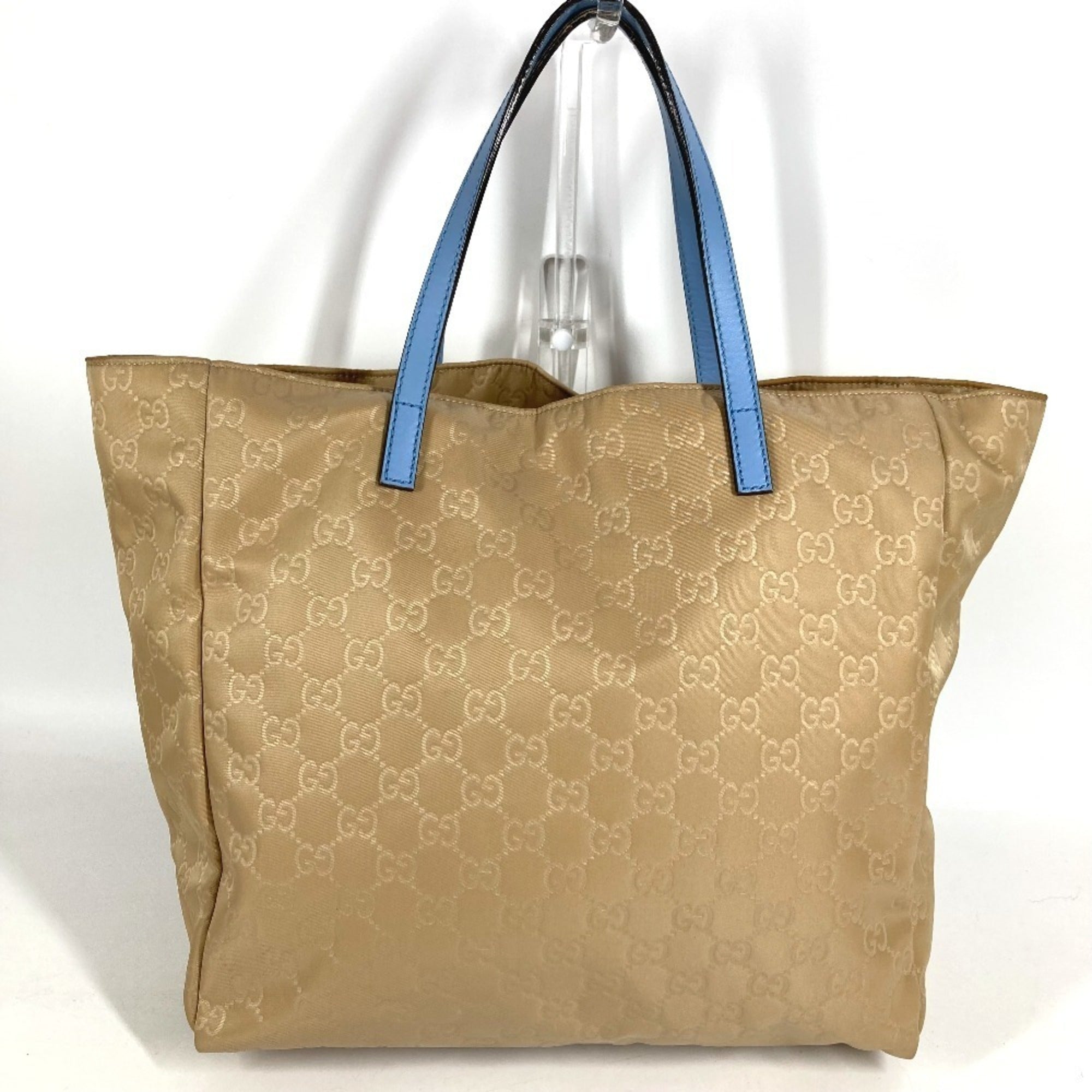 Gucci Beige Blue Leather Nylon Handbag Shoulder Bag Tote Bag (Pre-Owned)