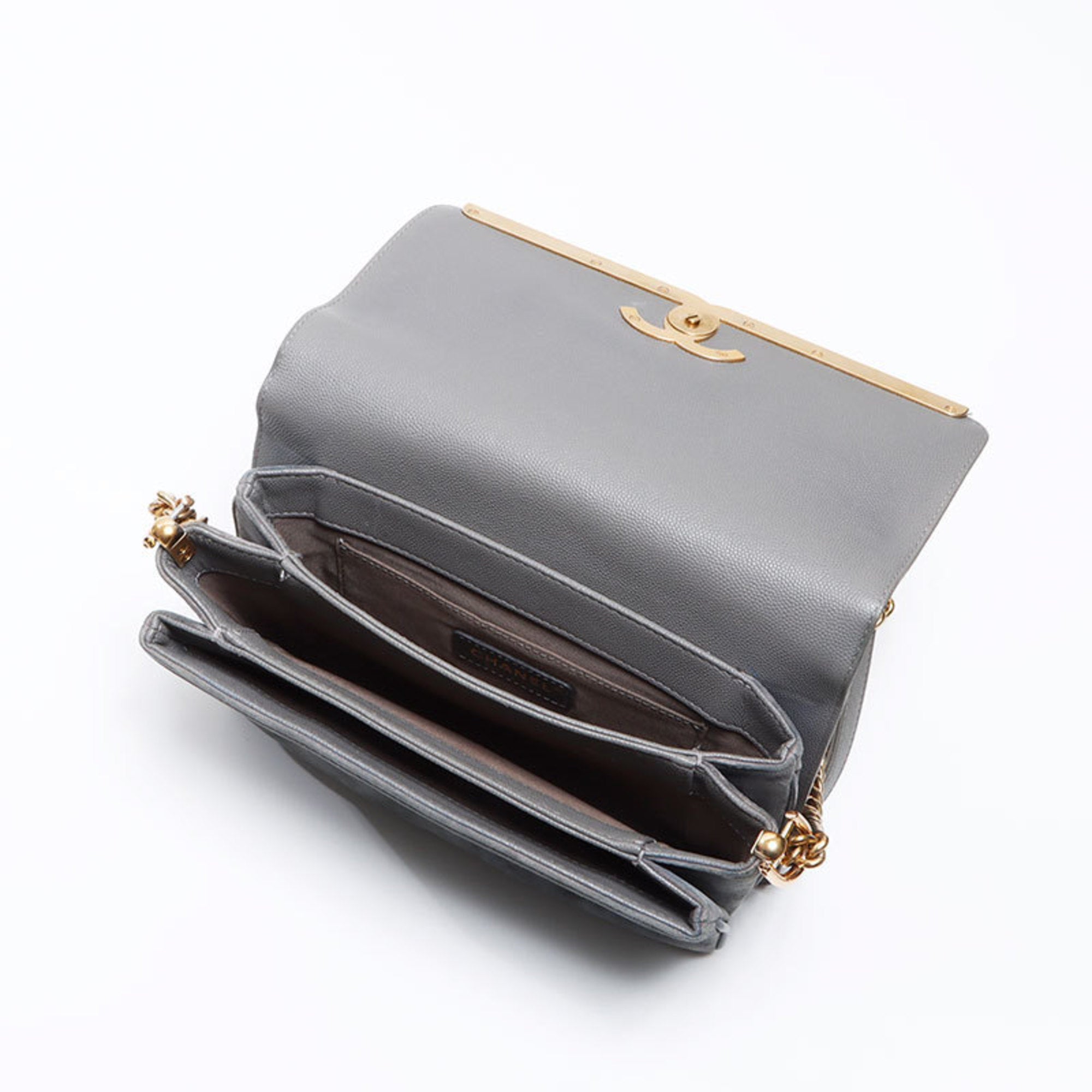 Chanel Gray Grained Calfskin Suede Shoulder Bag (Pre-Owned)