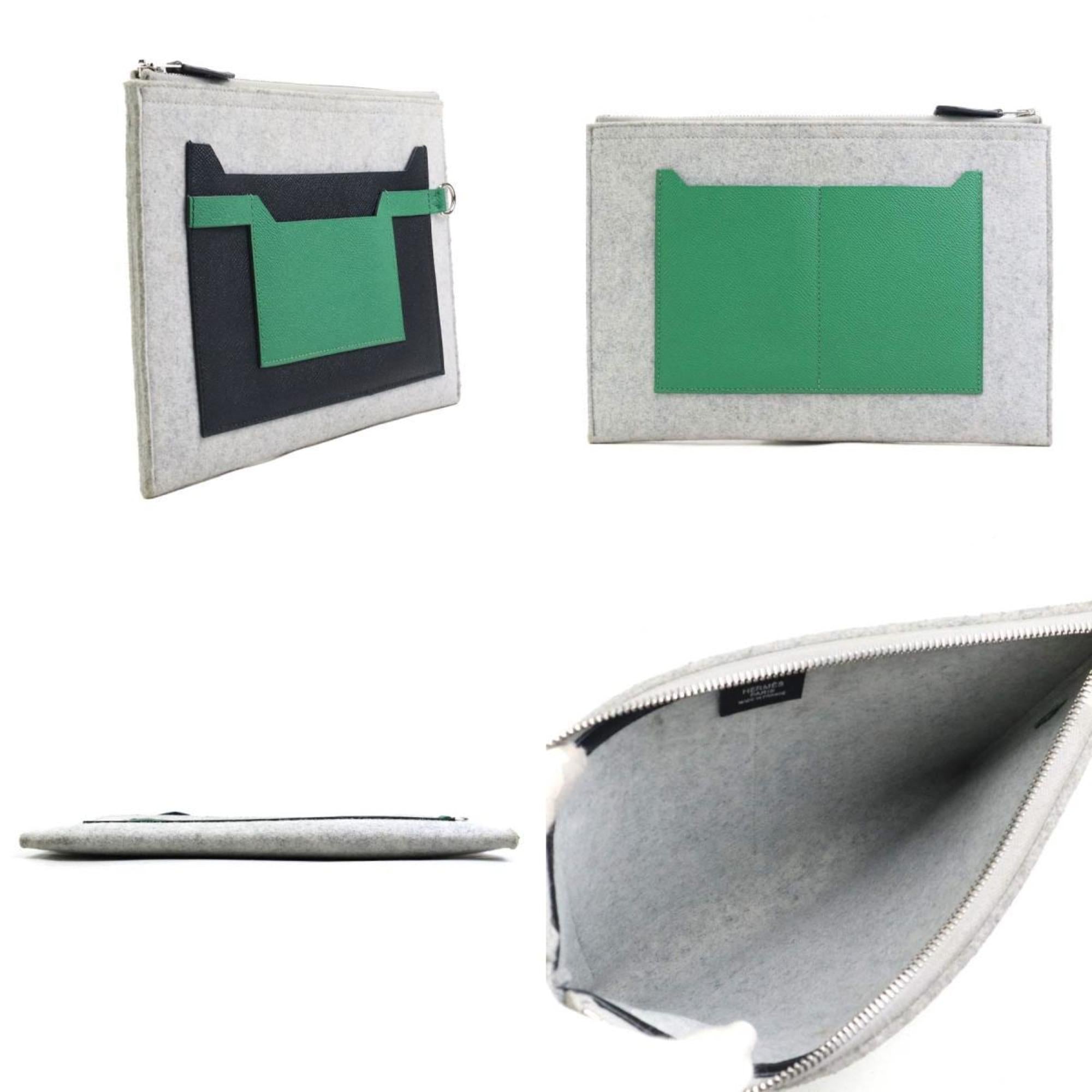 Hermes Black Gray Green Felt Leather Clutch Bag (Pre-Owned)