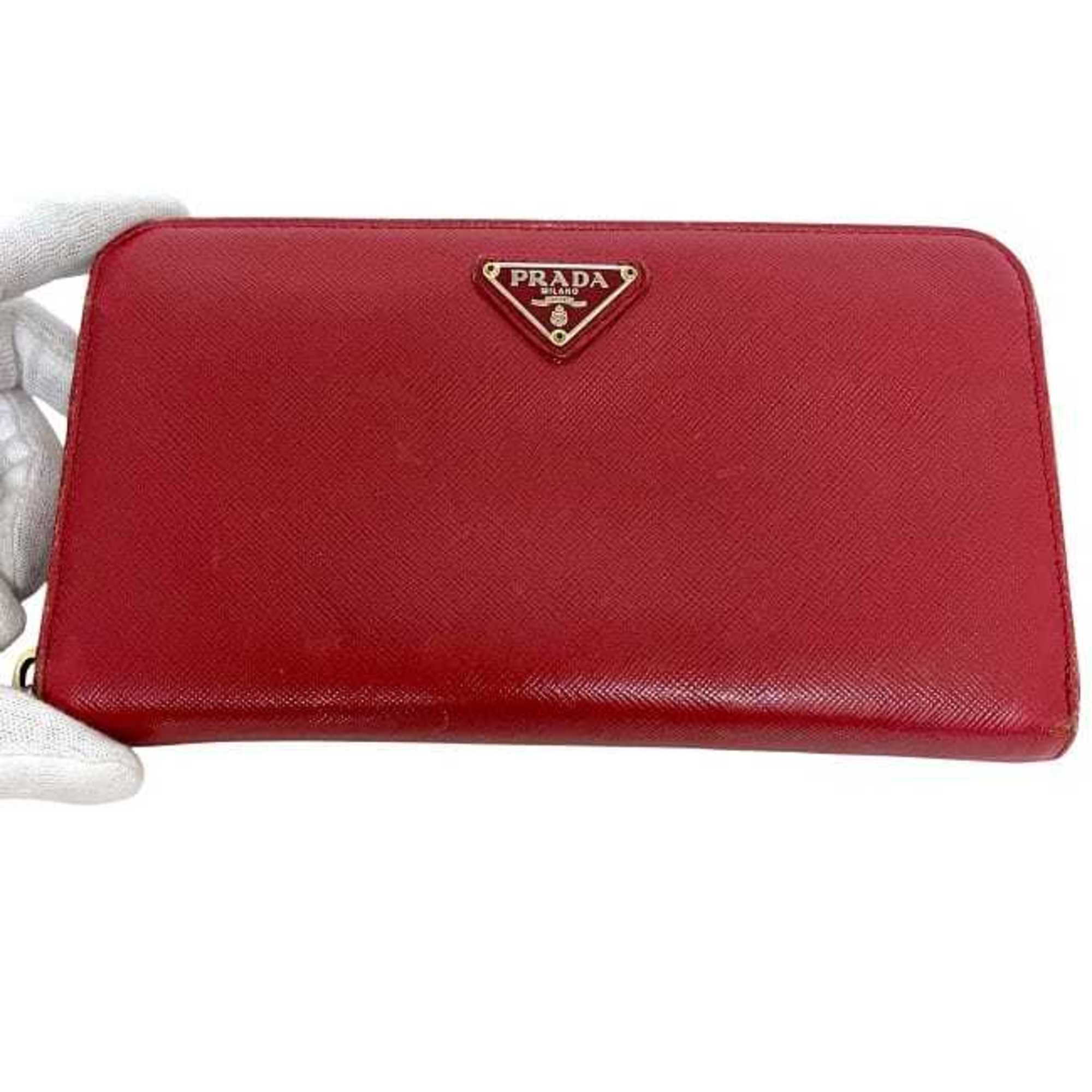 Prada Red Color Saffiano Long Wallet (Bi-Fold) (Pre-Owned)