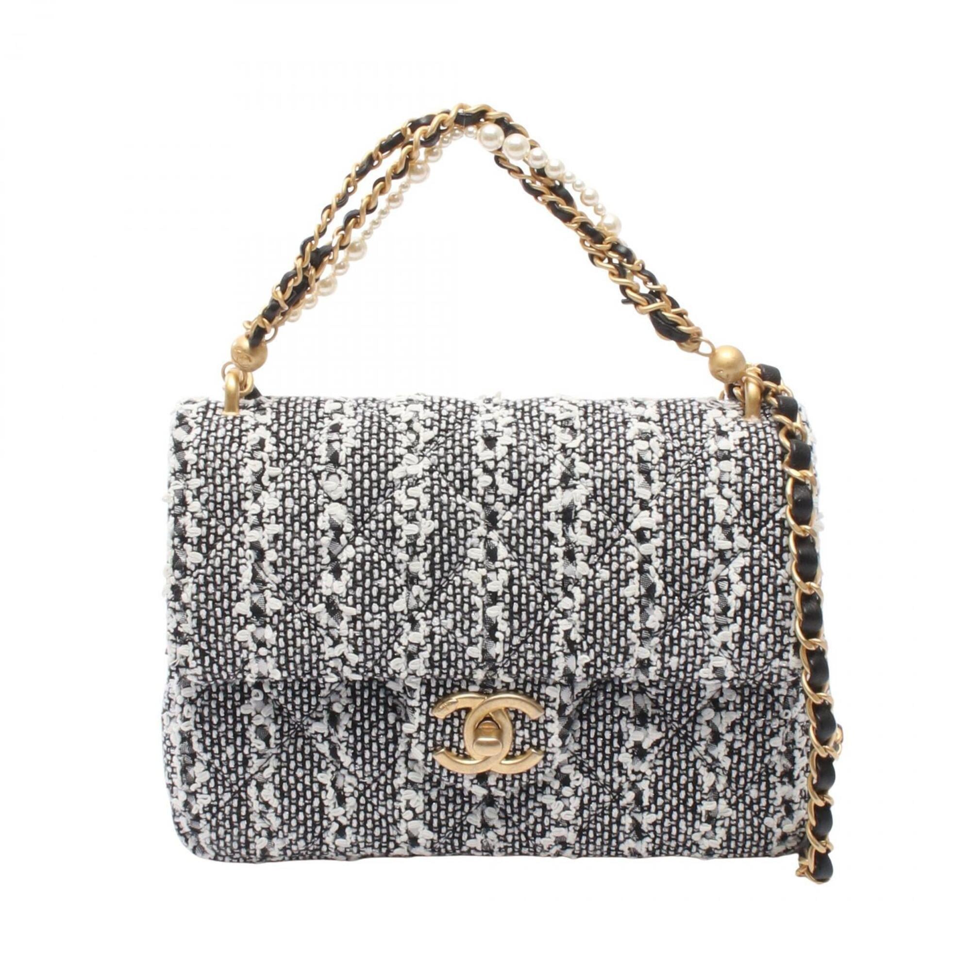 Chanel Black White Fabric Leather Handbag Shoulder Bag (Pre-Owned)