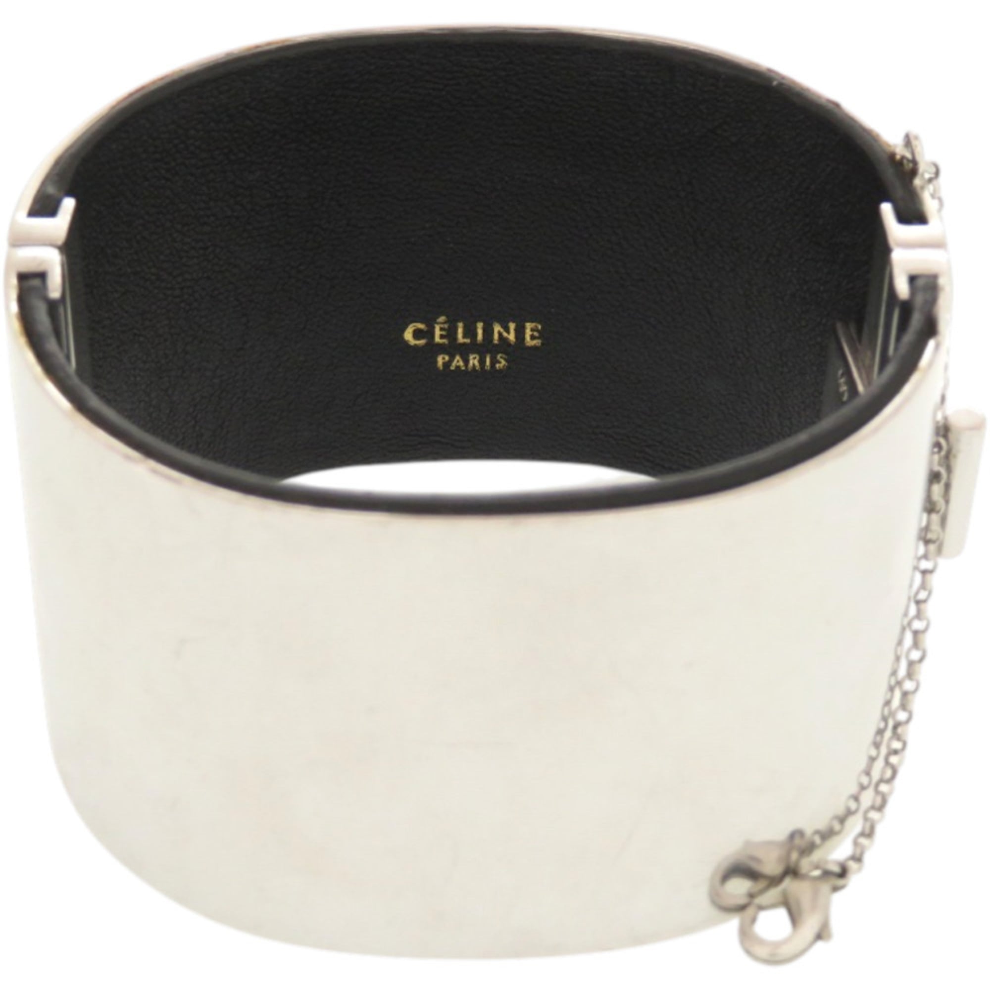 Celine Silver Black Leather Metal Bangle (Pre-Owned)