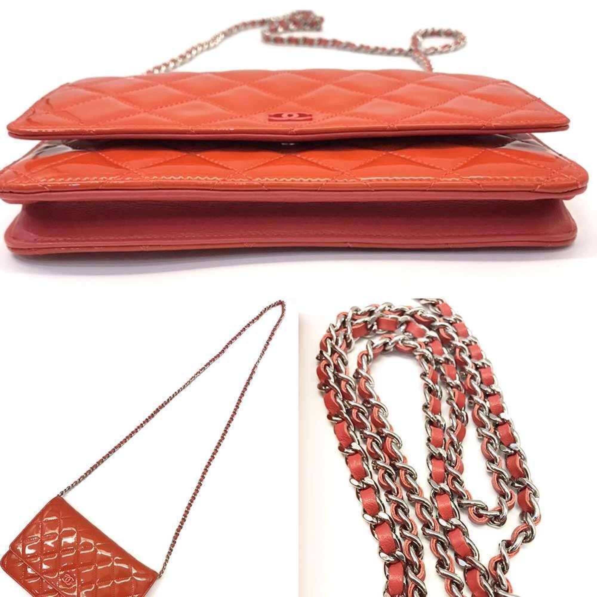 Chanel Coral Red Patent Leather Chain/Shoulder Wallet (Pre-Owned)