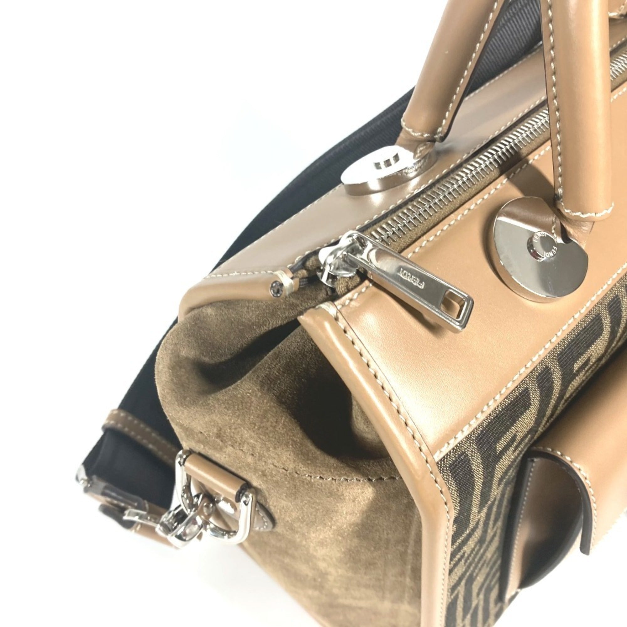 Fendi Zucca Beige Brown Canvas Leather Handbag Shoulder Bag (Pre-Owned)