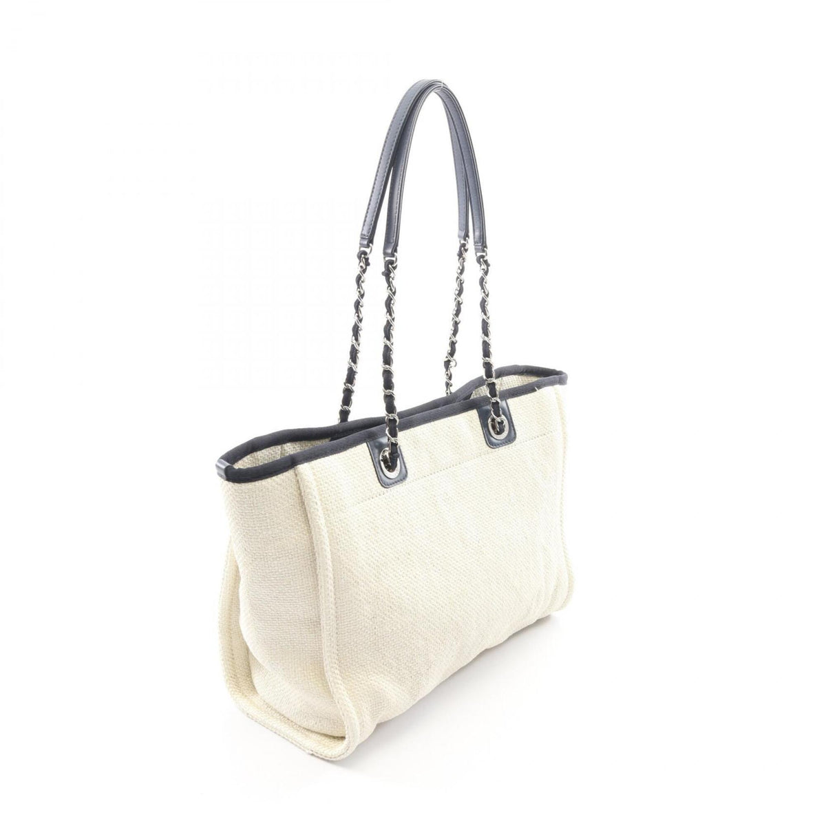 Chanel Navy White Leather Straw Handbag Tote Bag (Pre-Owned)