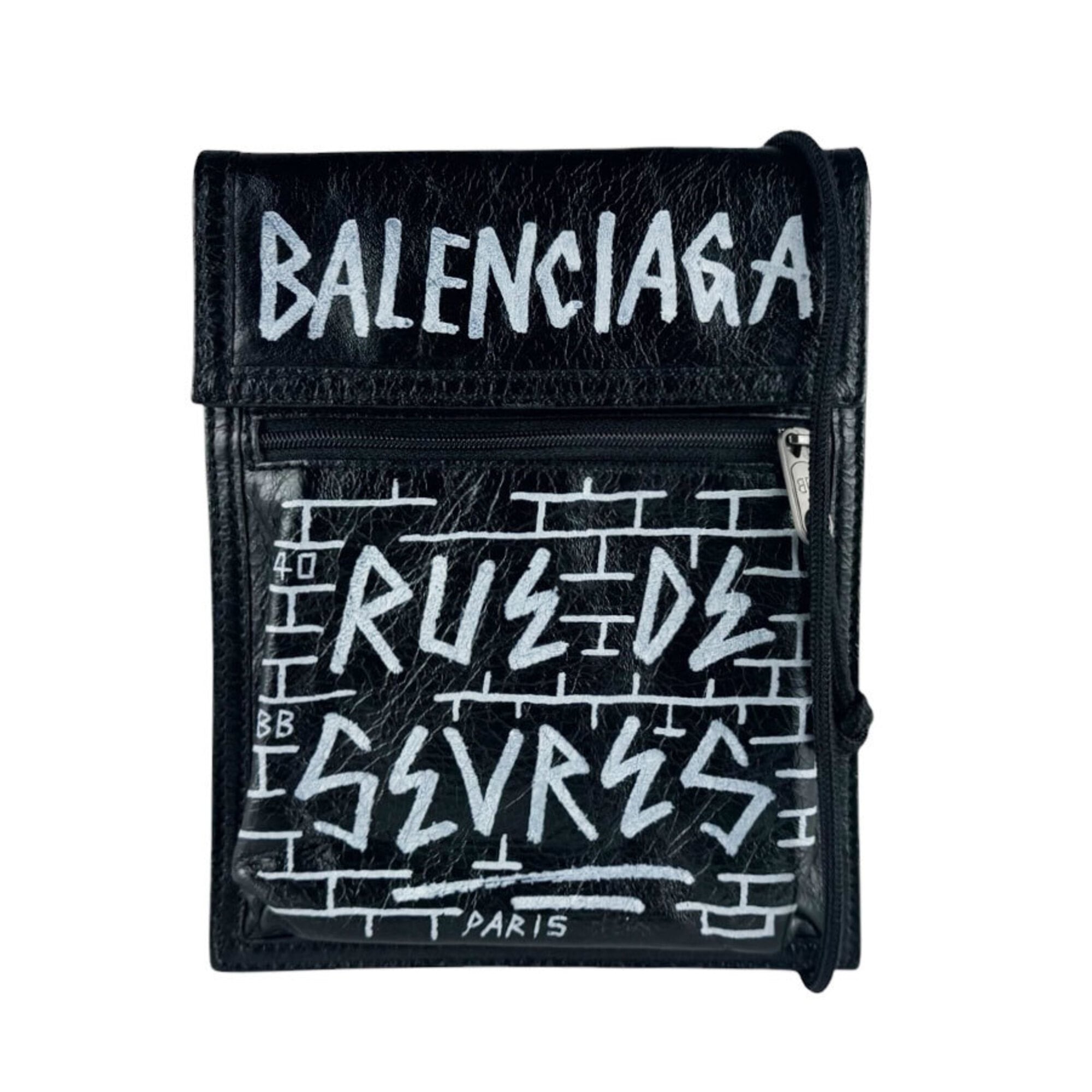 Balenciaga Black White Leather Handbag Pochette Pouch (Pre-Owned)