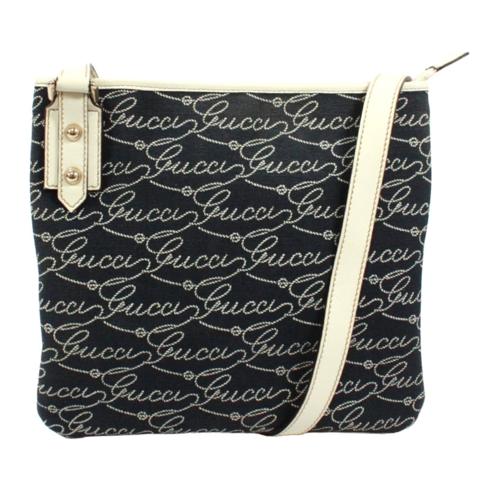 Gucci Navy White Canvas Leather Shoulder Bag (Pre-Owned)