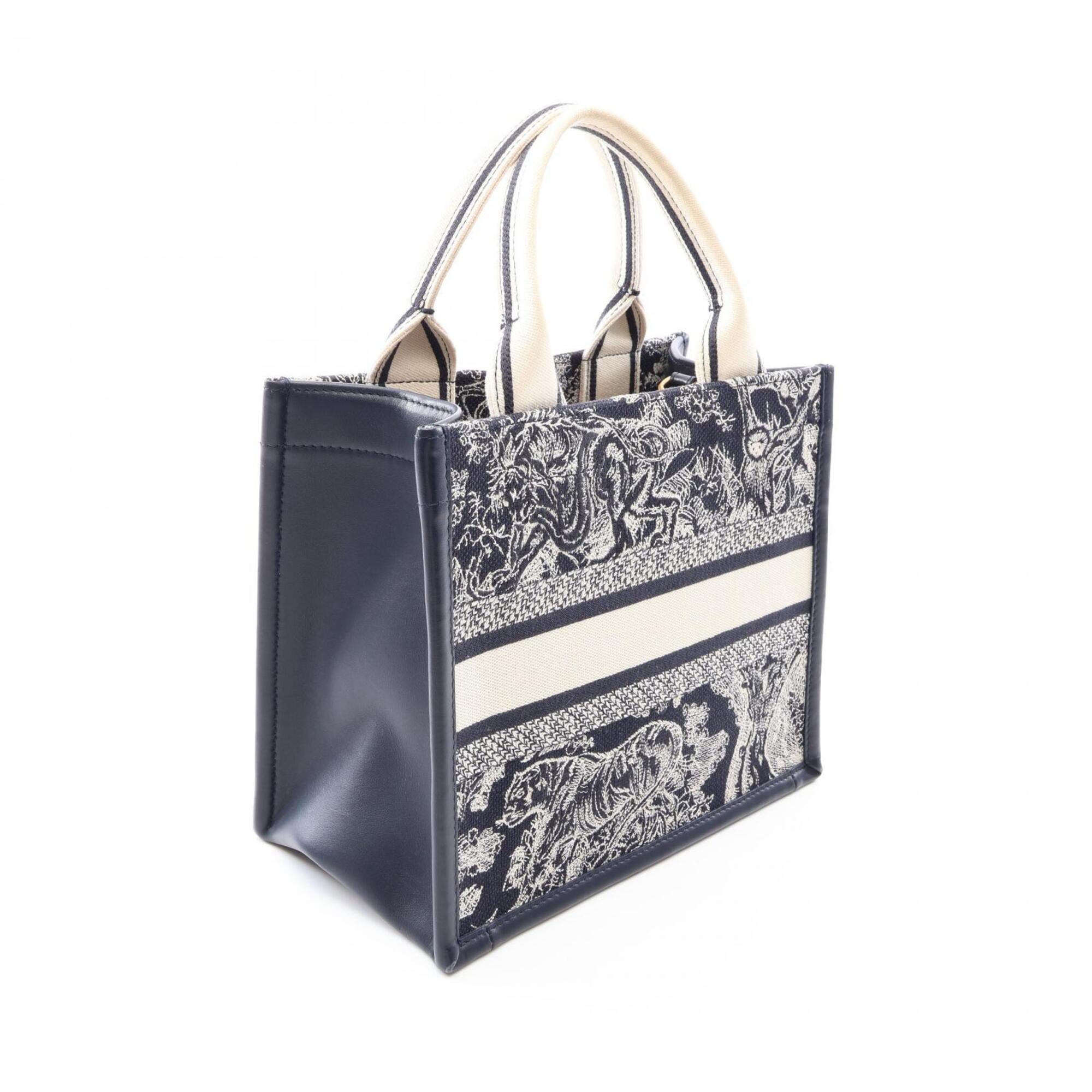 Christian Dior Ivory Navy Canvas Leather Handbag Tote Bag (Pre-Owned)