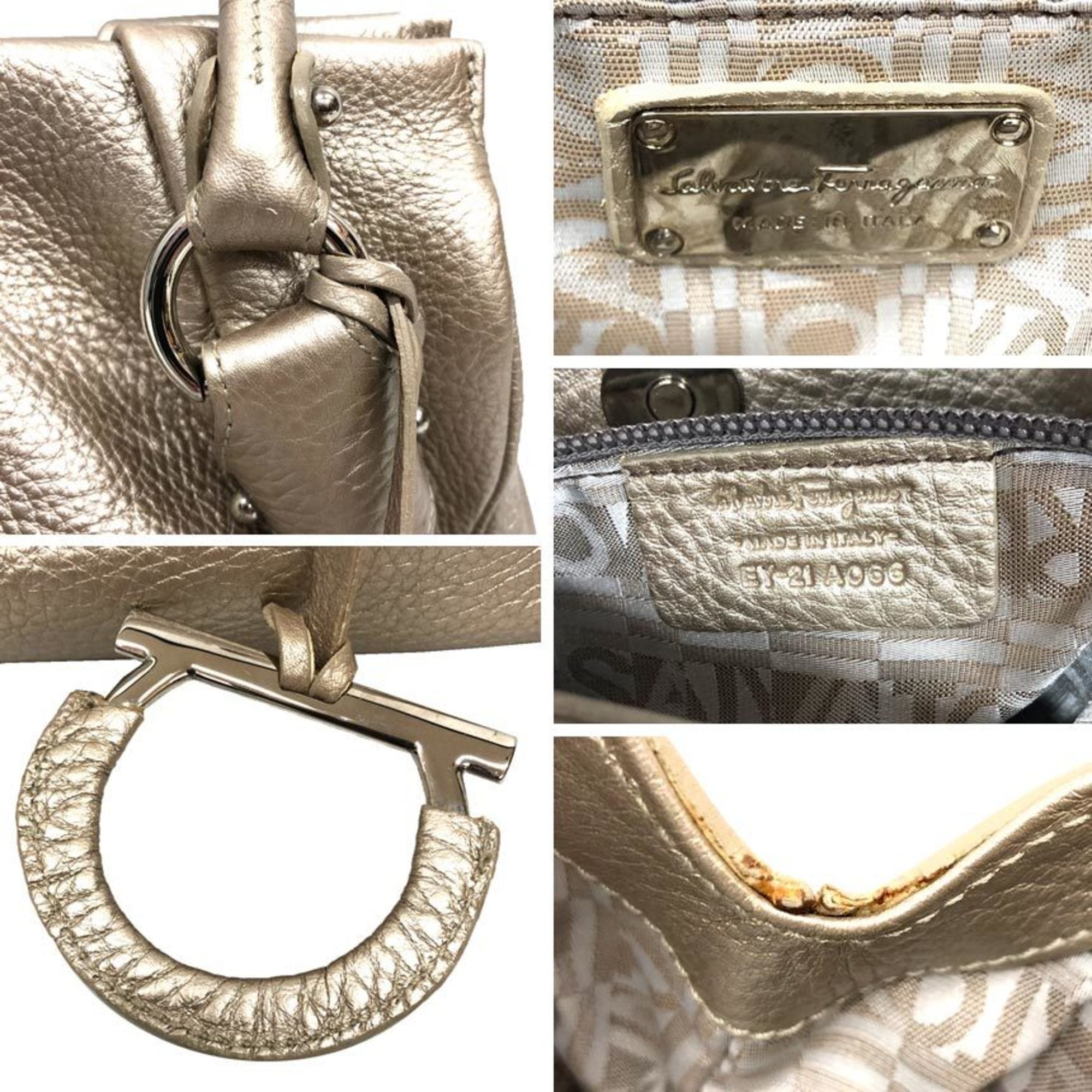 Salvatore Ferragamo Champagne Gold Leather Handbag (Pre-Owned)
