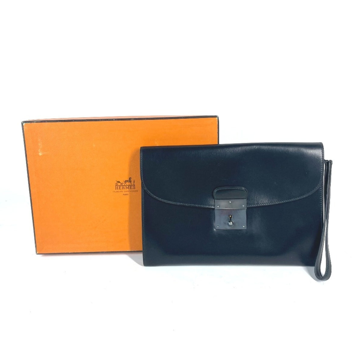 Hermes Black Box Calf Leather Clutch Bag Pouch (Pre-Owned)