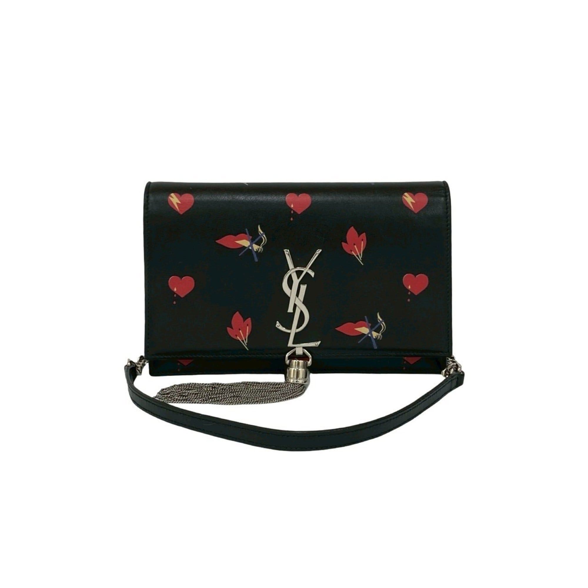 Yves Saint Laurent Black Red Color Leather Shoulder Bag (Pre-Owned)