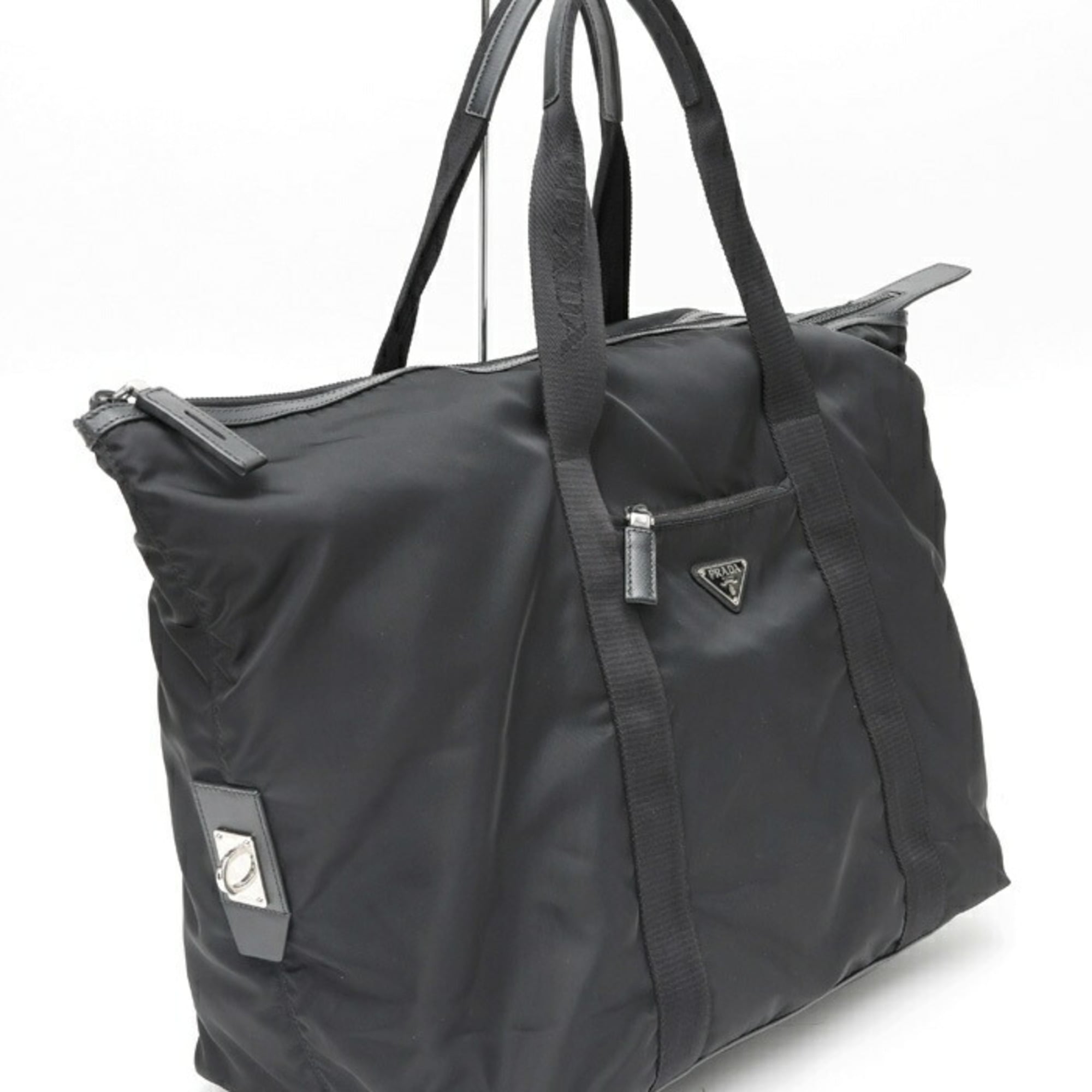 Prada Black Nylon Leather Fabric Saffiano Boston Bag (Pre-Owned)