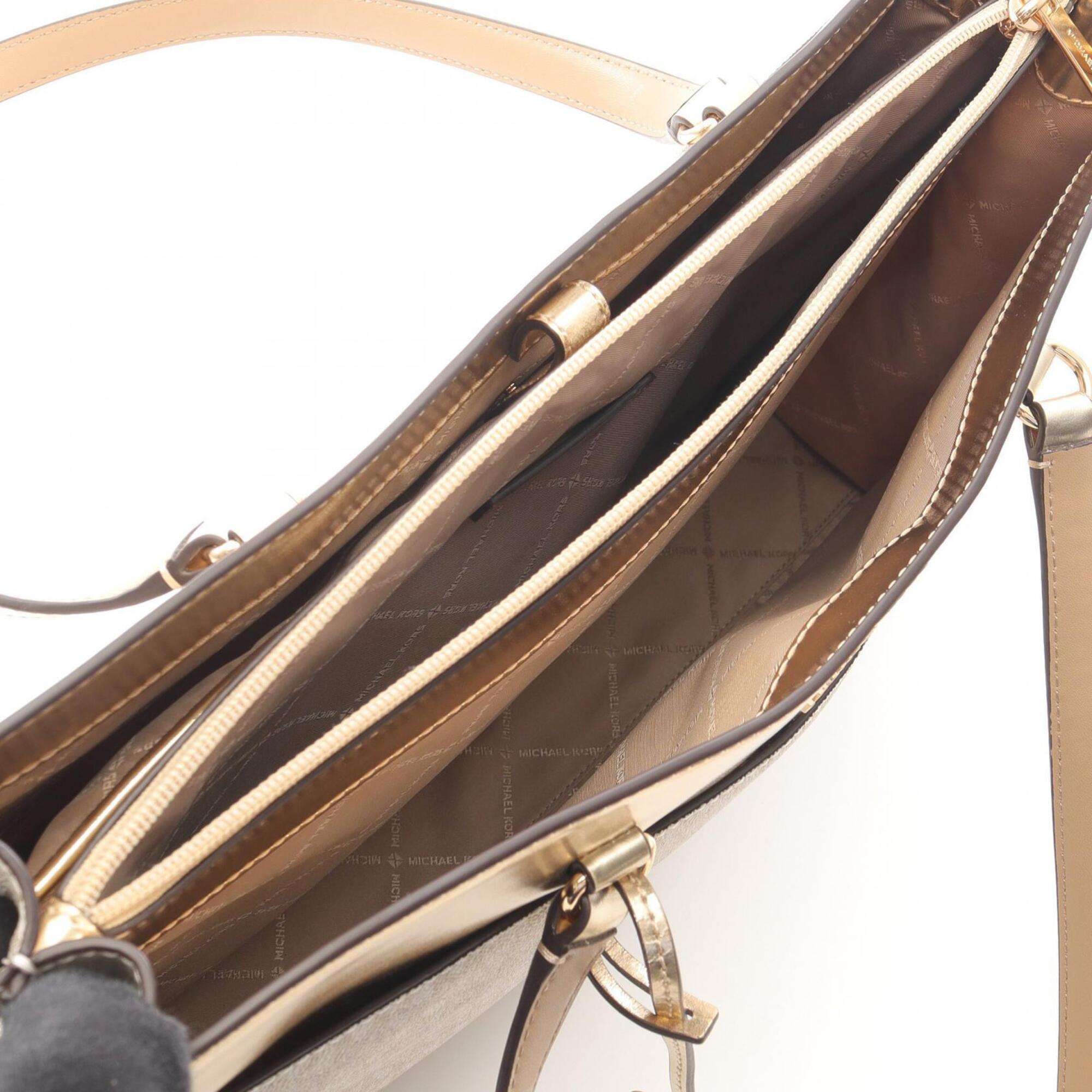 Michael Kors Gold Ivory Coated Canvas Pvc Leather Handbag Tote Bag Weekend Bag (Pre-Owned)